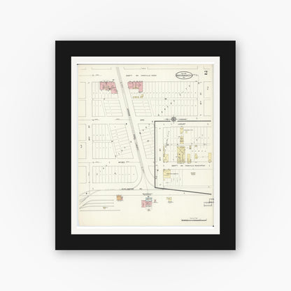 Old map wall art mockup — black gallery frame with white mat — Sanborn Fire Insurance Map from North Kansas City, Clay County, Missouri (1914), Sheet #0002