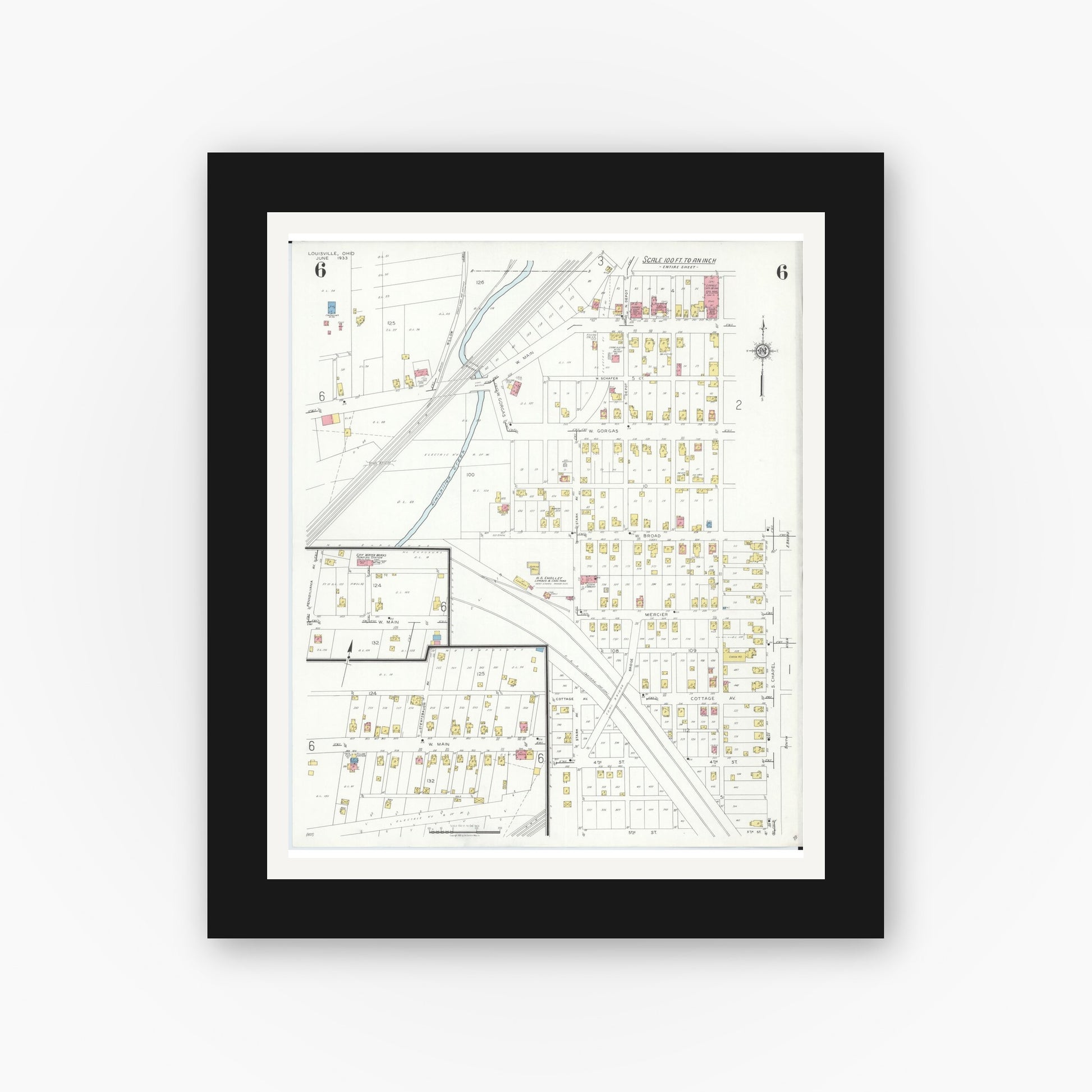 Old map wall art mockup — black gallery frame with white mat — Sanborn Fire Insurance Map from Louisville, Stark County, Ohio (1933), Sheet #0006