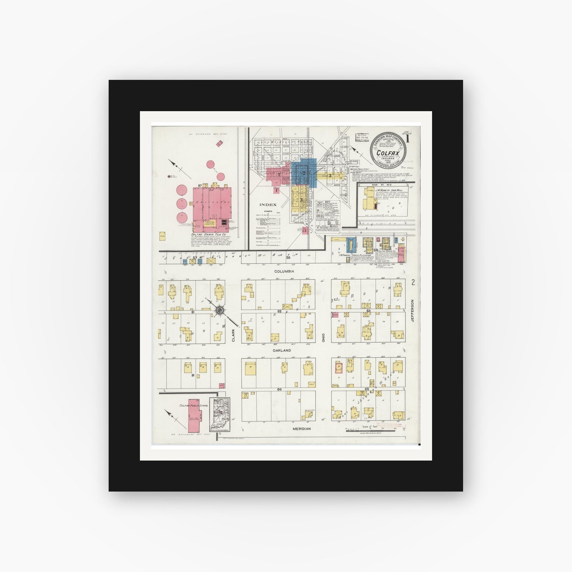 Old map wall art mockup — black gallery frame with white mat — Sanborn Fire Insurance Map from Colfax, Clinton County, Indiana (1919) - Complete Map Set