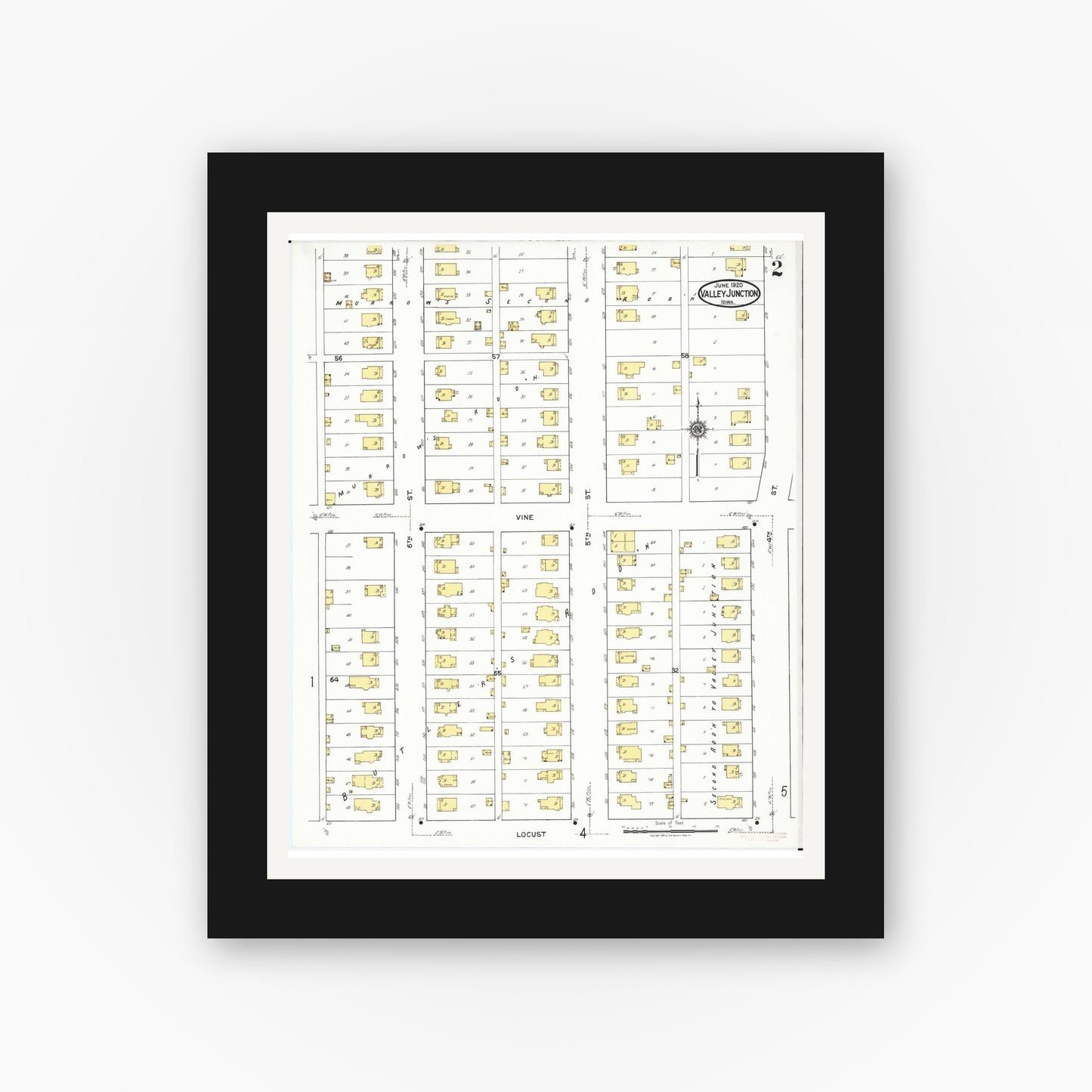 Old map wall art mockup — black gallery frame with white mat — Sanborn Fire Insurance Map from Valley Junction, Polk County, Iowa (1920), Sheet #0002