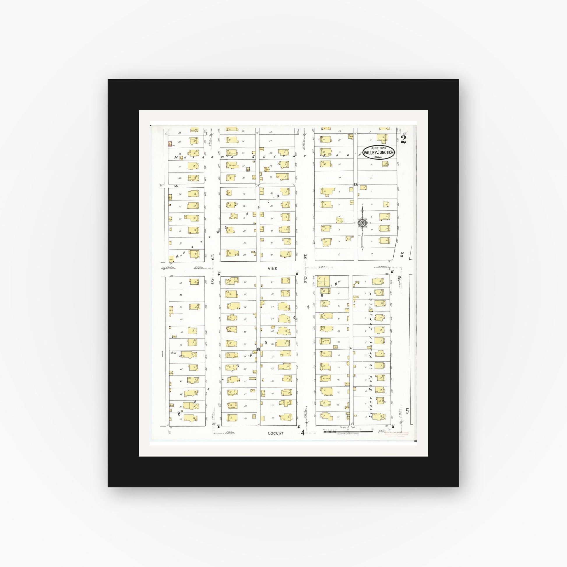 Old map wall art mockup — black gallery frame with white mat — Sanborn Fire Insurance Map from Valley Junction, Polk County, Iowa (1920), Sheet #0002