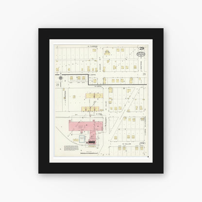 Old map wall art mockup — black gallery frame with white mat — Sanborn Fire Insurance Map from Denison, Grayson County, Texas (1914), Sheet #0029