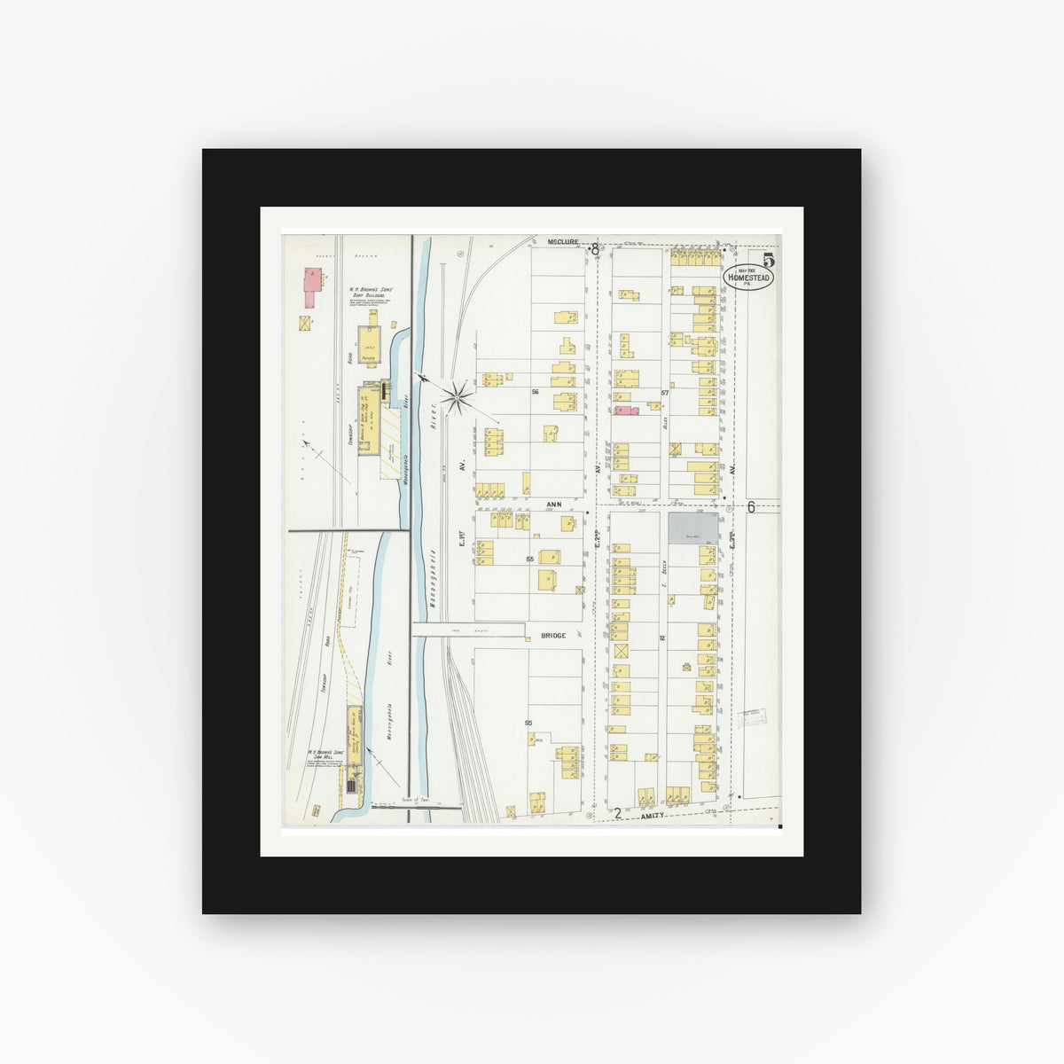 Old map wall art mockup — black gallery frame with white mat — Sanborn Fire Insurance Map from Homestead, Allegheny County, Pennsylvania (1901), Sheet #0005