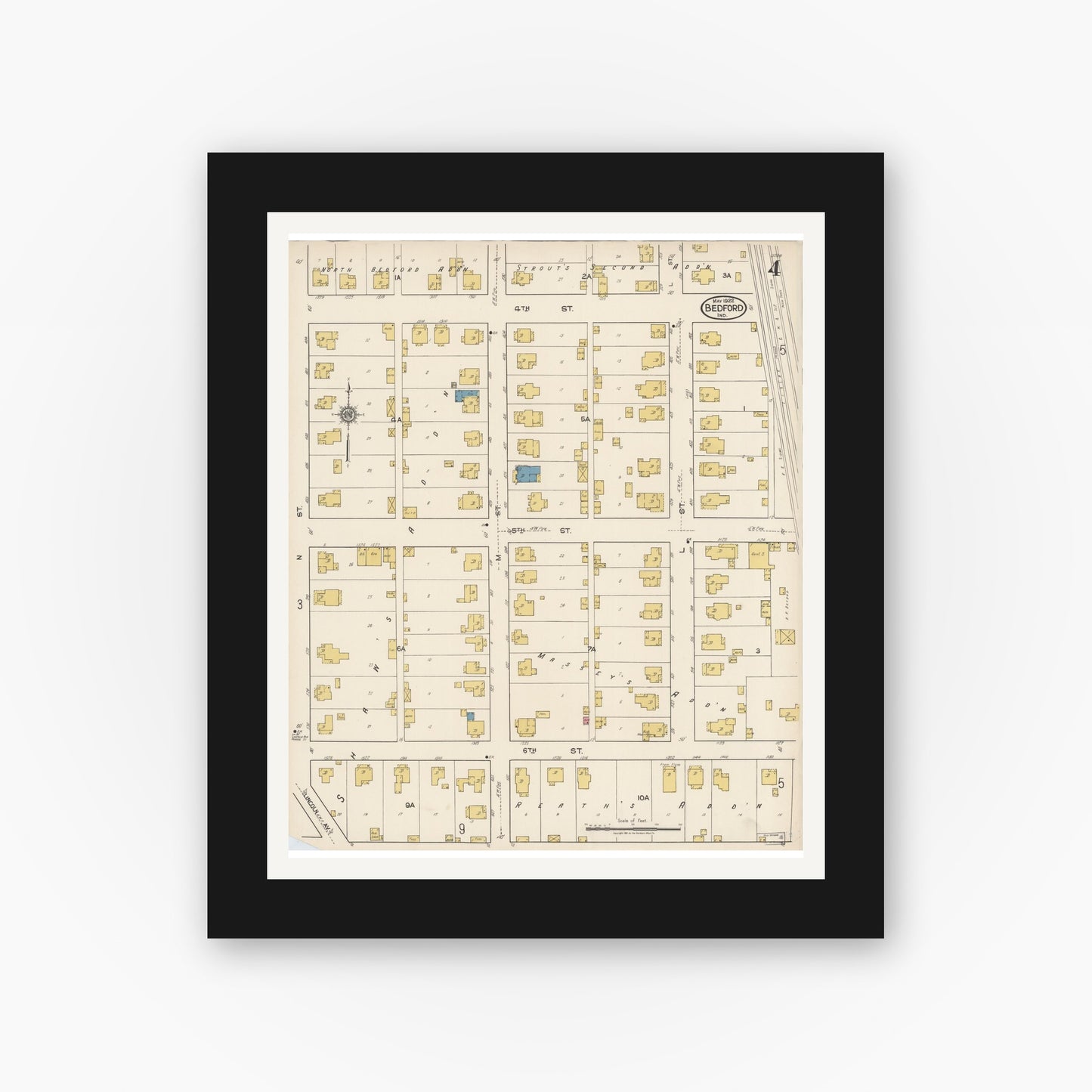 Old map wall art mockup — black gallery frame with white mat — Sanborn Fire Insurance Map from Bedford, Lawrence County, Indiana (1922), Sheet #0004