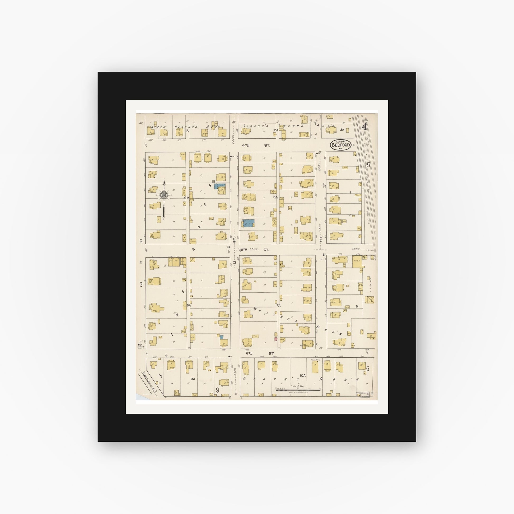 Old map wall art mockup — black gallery frame with white mat — Sanborn Fire Insurance Map from Bedford, Lawrence County, Indiana (1922), Sheet #0004