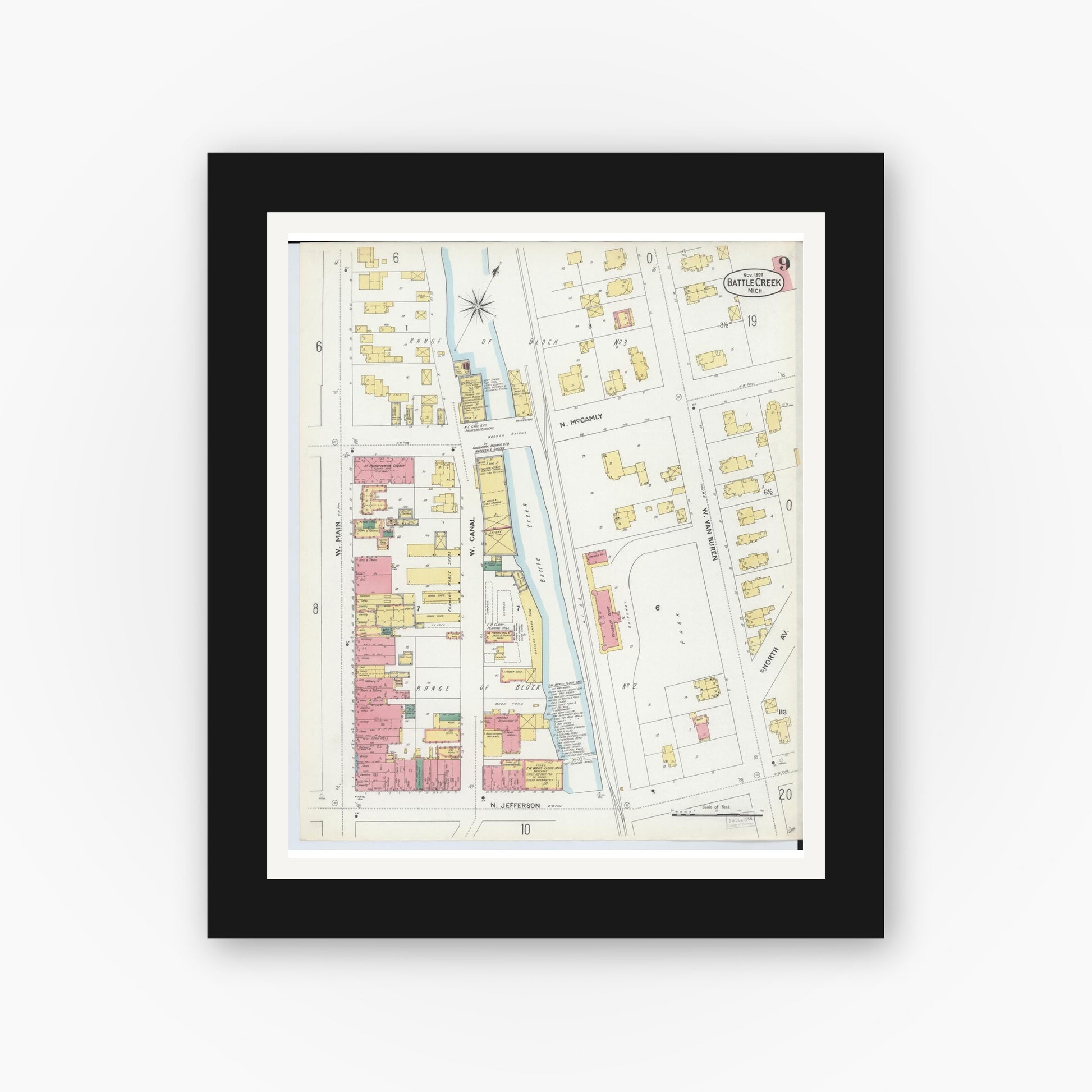 Old map wall art mockup — black gallery frame with white mat — Sanborn Fire Insurance Map from Battle Creek, Calhoun County, Michigan (1899), Sheet #0009