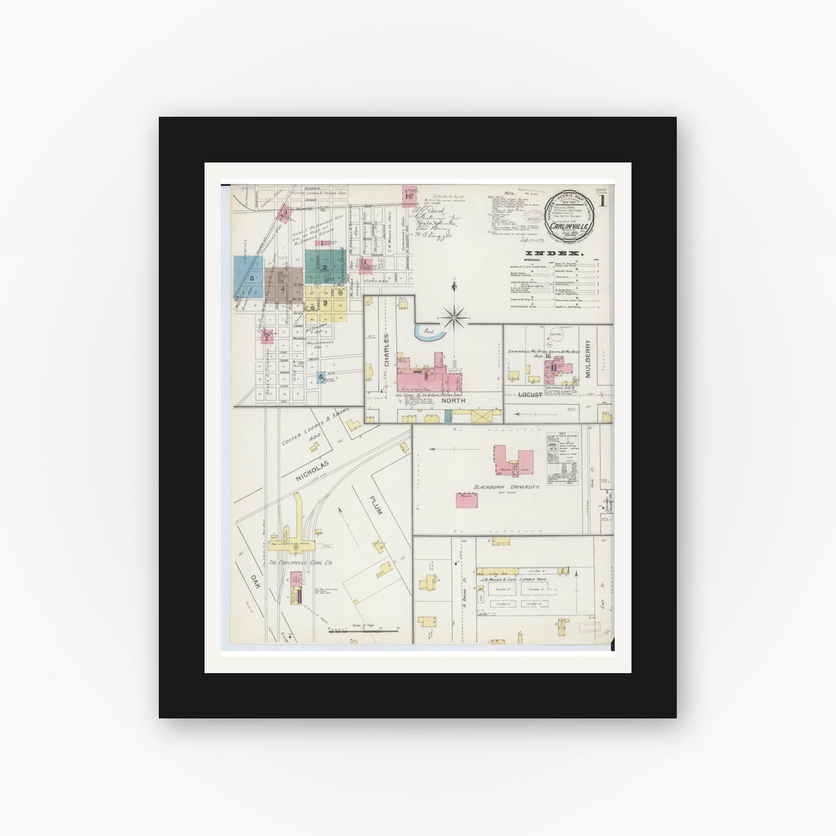 Old map wall art mockup — black gallery frame with white mat — Sanborn Fire Insurance Map from Carlinville, Macoupin County, Illinois (1893) - Complete Map Set