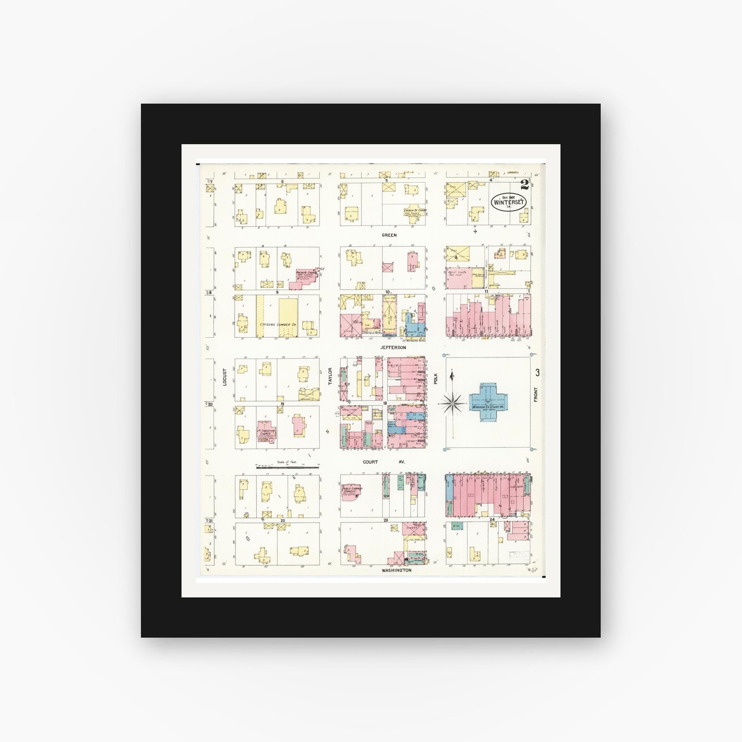 Old map wall art mockup — black gallery frame with white mat — Sanborn Fire Insurance Map from Winterset, Madison County, Iowa (1907), Sheet #0002