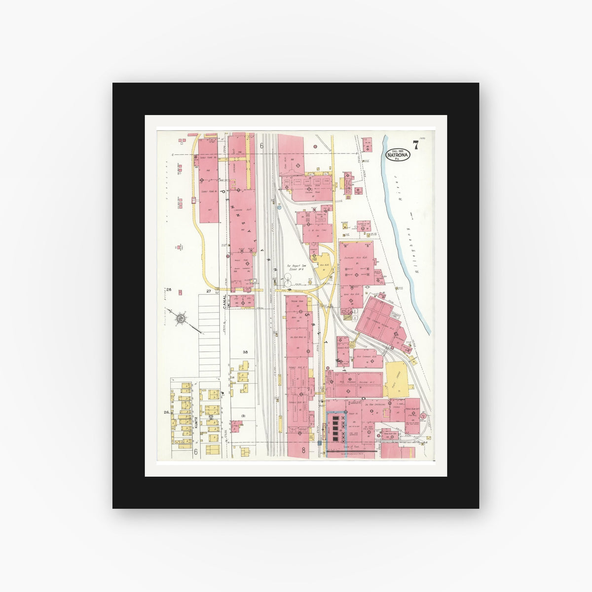 Old map wall art mockup — black gallery frame with white mat — Sanborn Fire Insurance Map from Natrona, Allegheny County, Pennsylvania (1921), Sheet #0007
