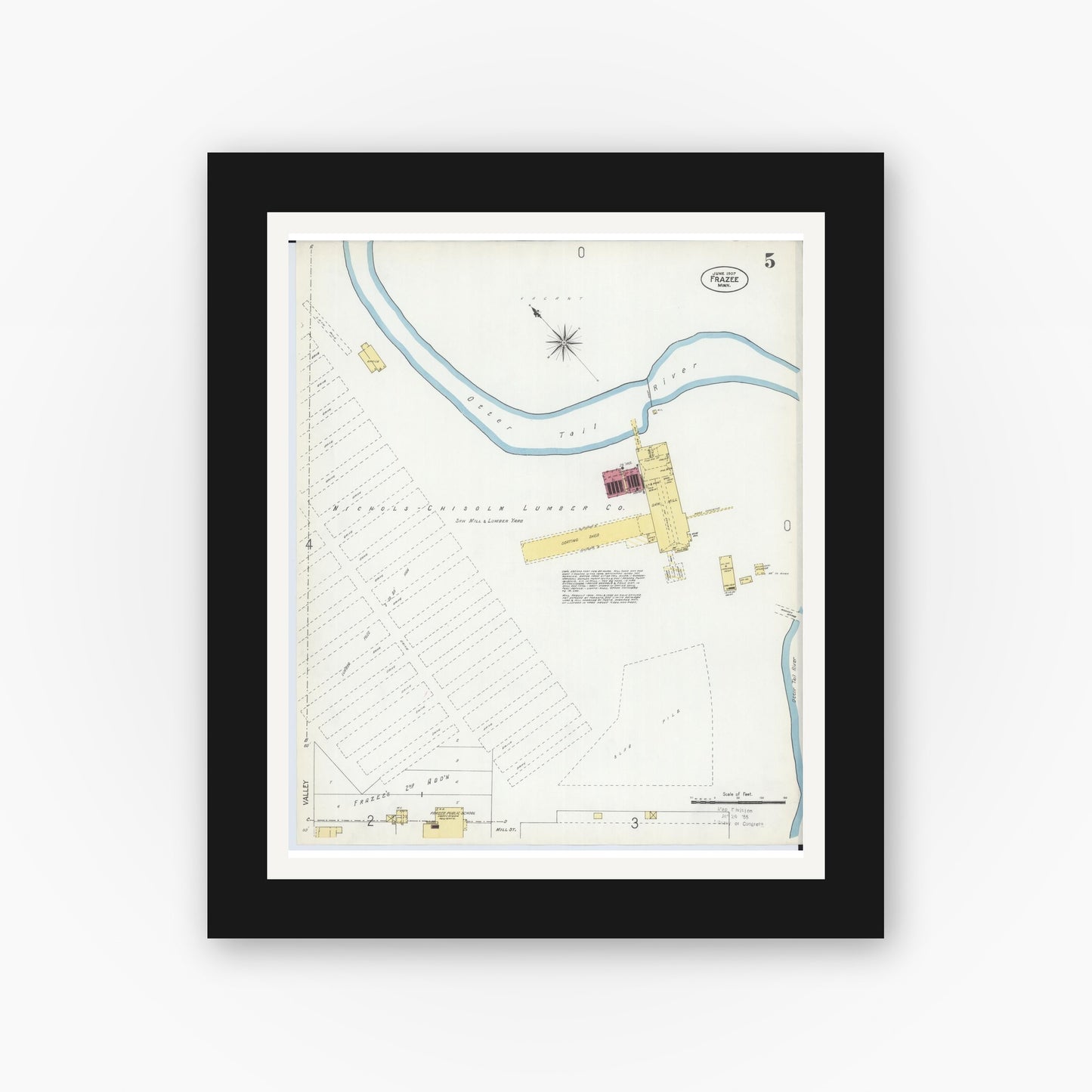 Old map wall art mockup — black gallery frame with white mat — Sanborn Fire Insurance Map from Frazee, Becker County, Minnesota (1907), Sheet #0005