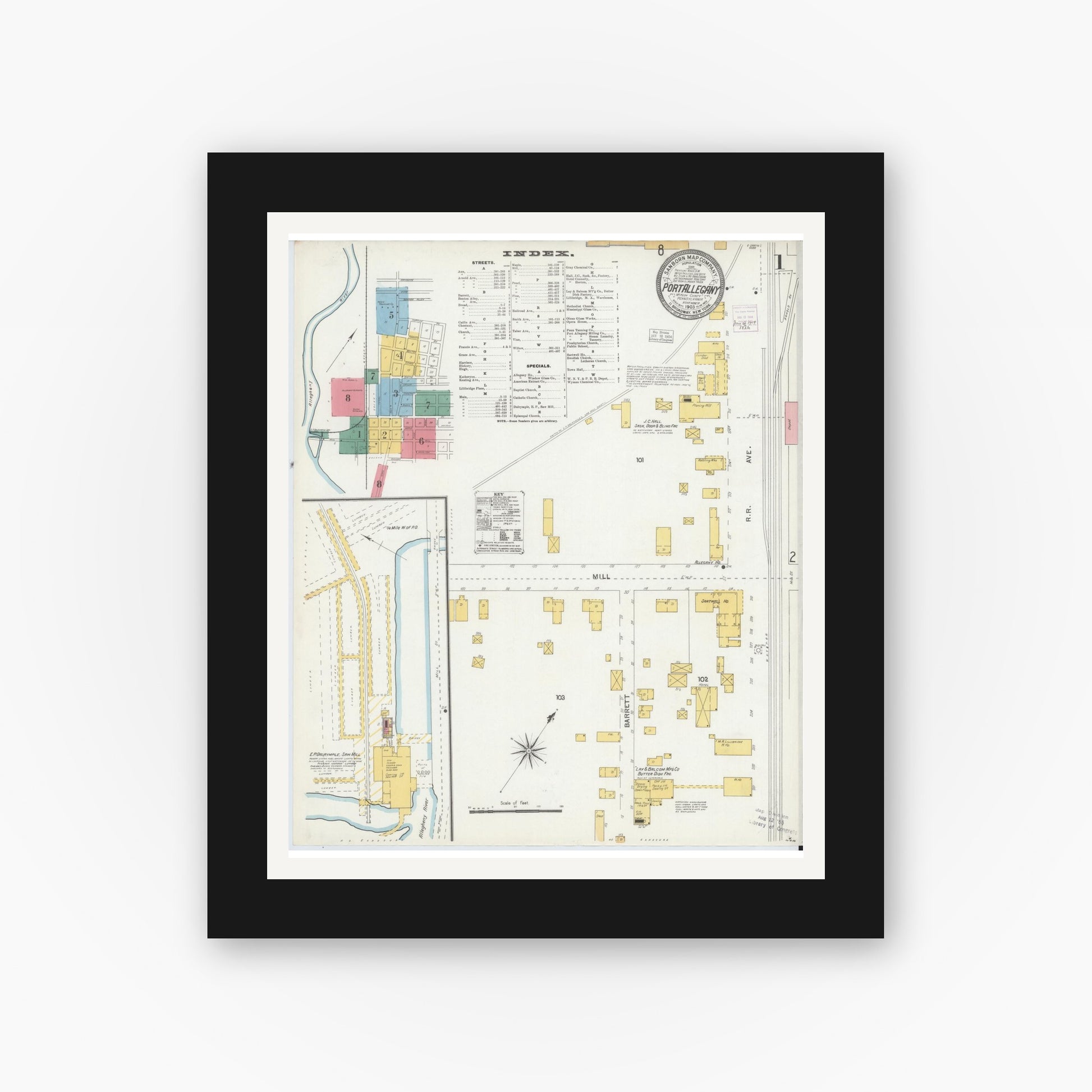 Old map wall art mockup — black gallery frame with white mat — Sanborn Fire Insurance Map from Port Allegany, McKean County, Pennsylvania (1903) - Complete Map Set
