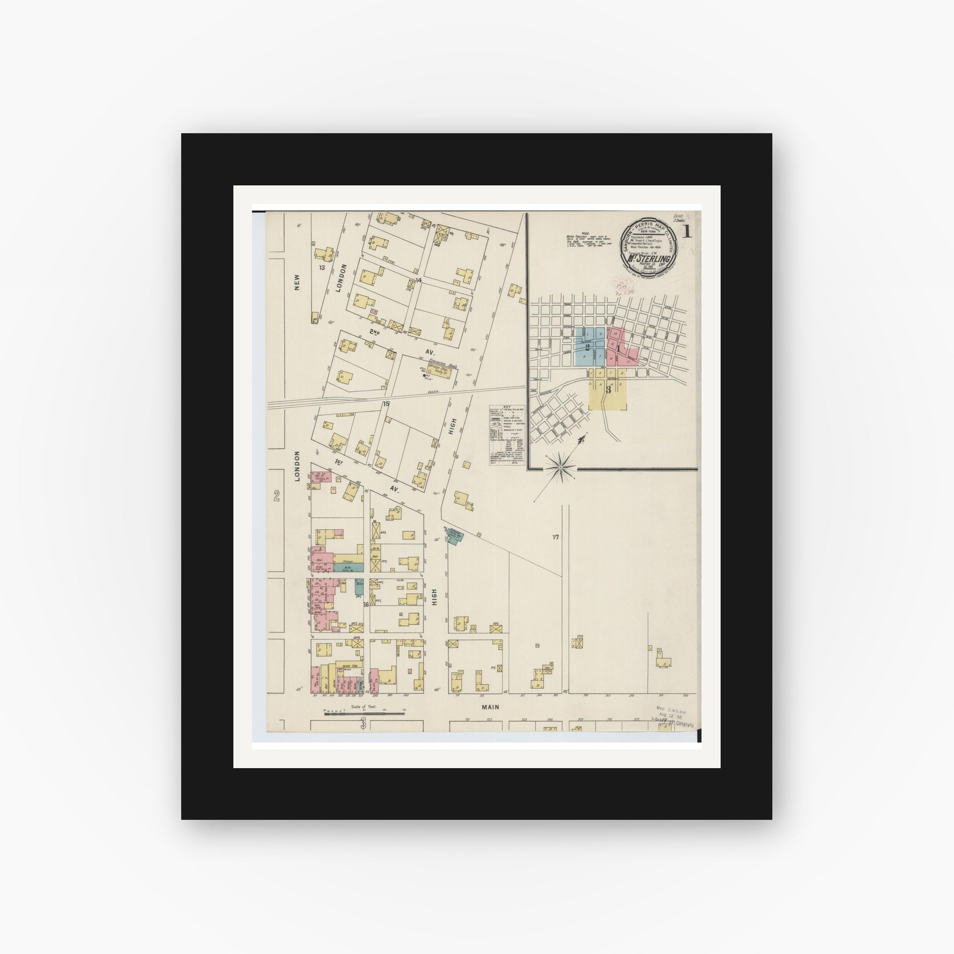 Old map wall art mockup — black gallery frame with white mat — Sanborn Fire Insurance Map from Mount Sterling, Madison County, Ohio (1895) - Complete Map Set