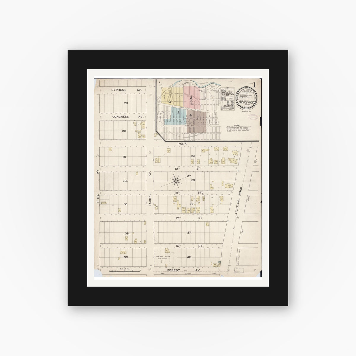 Old map wall art mockup — black gallery frame with white mat — Sanborn Fire Insurance Map from Pacific Grove, Monterey County, California (1888) - Complete Map Set