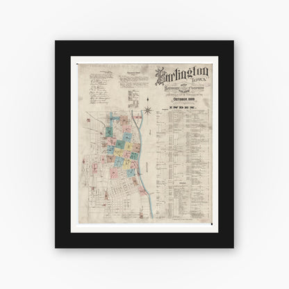 Old map wall art mockup — black gallery frame with white mat — Sanborn Fire Insurance Map from Burlington, Des Moines County, Iowa (1888) â€” Complete Set