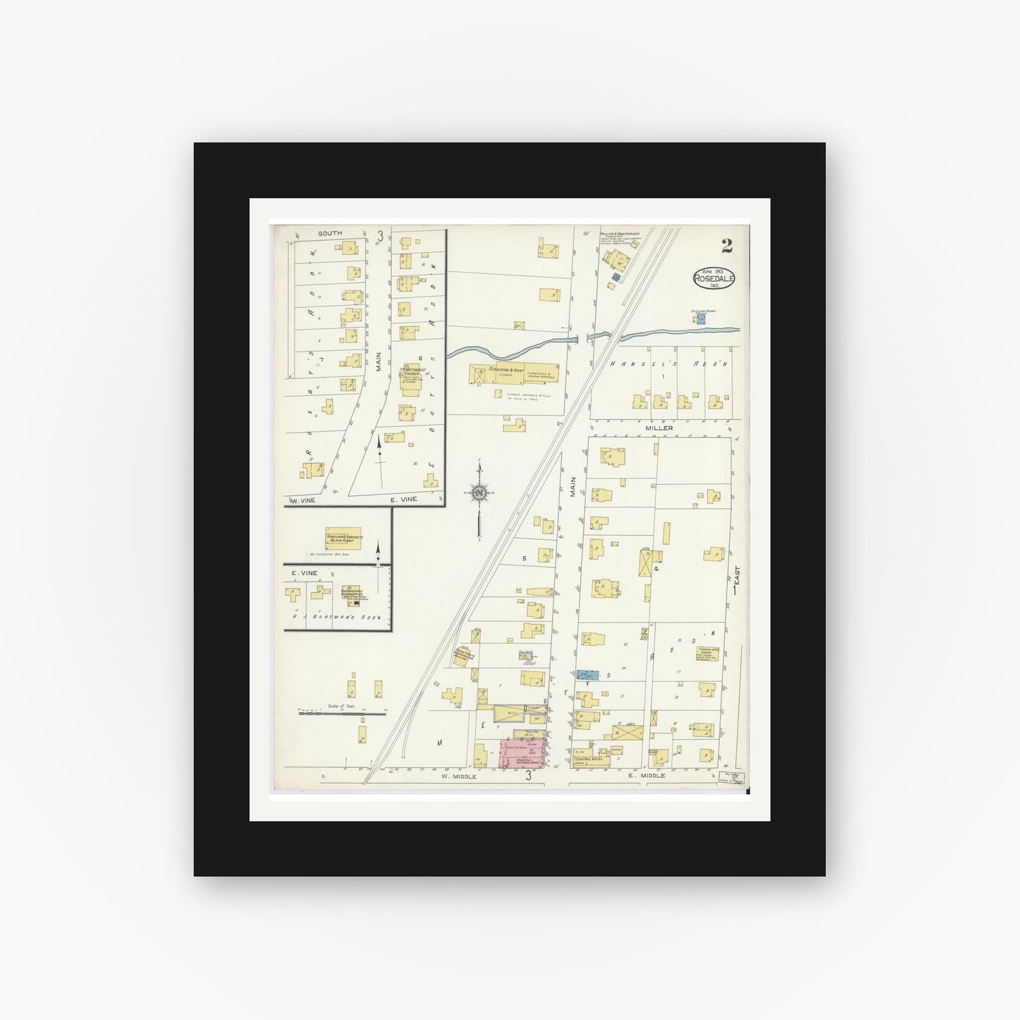 Old map wall art mockup — black gallery frame with white mat — Sanborn Fire Insurance Map from Rosedale, Parke County, Indiana (1913), Sheet #0002
