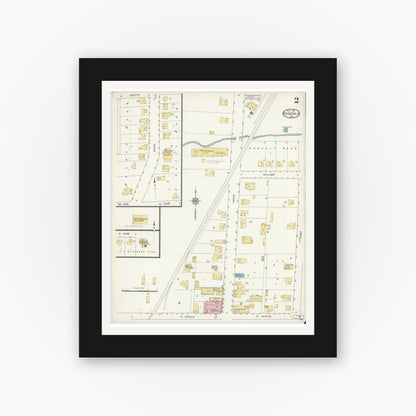 Old map wall art mockup — black gallery frame with white mat — Sanborn Fire Insurance Map from Rosedale, Parke County, Indiana (1913), Sheet #0002