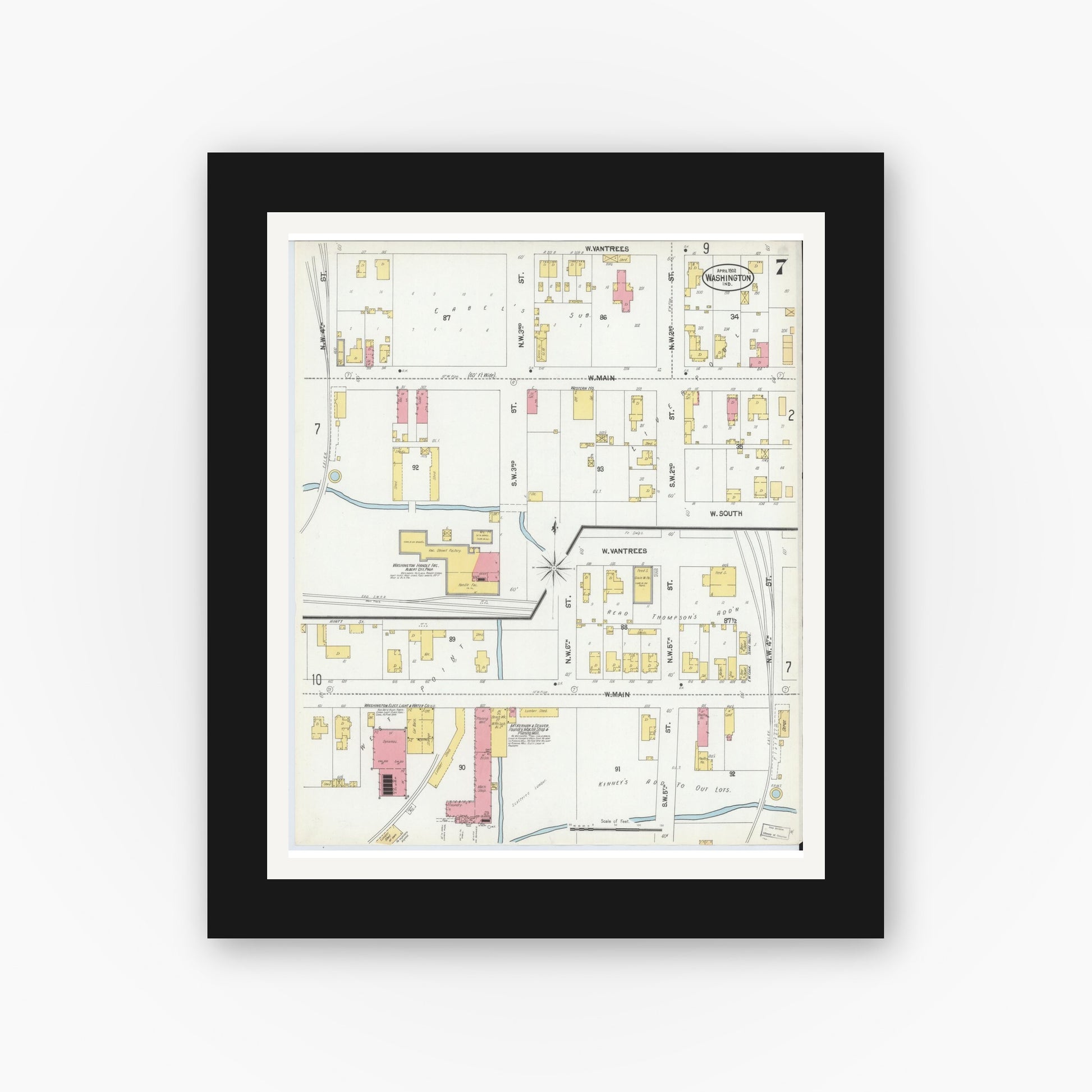 Old map wall art mockup — black gallery frame with white mat — Sanborn Fire Insurance Map from Washington, Daviess County, Indiana (1902), Sheet #0007