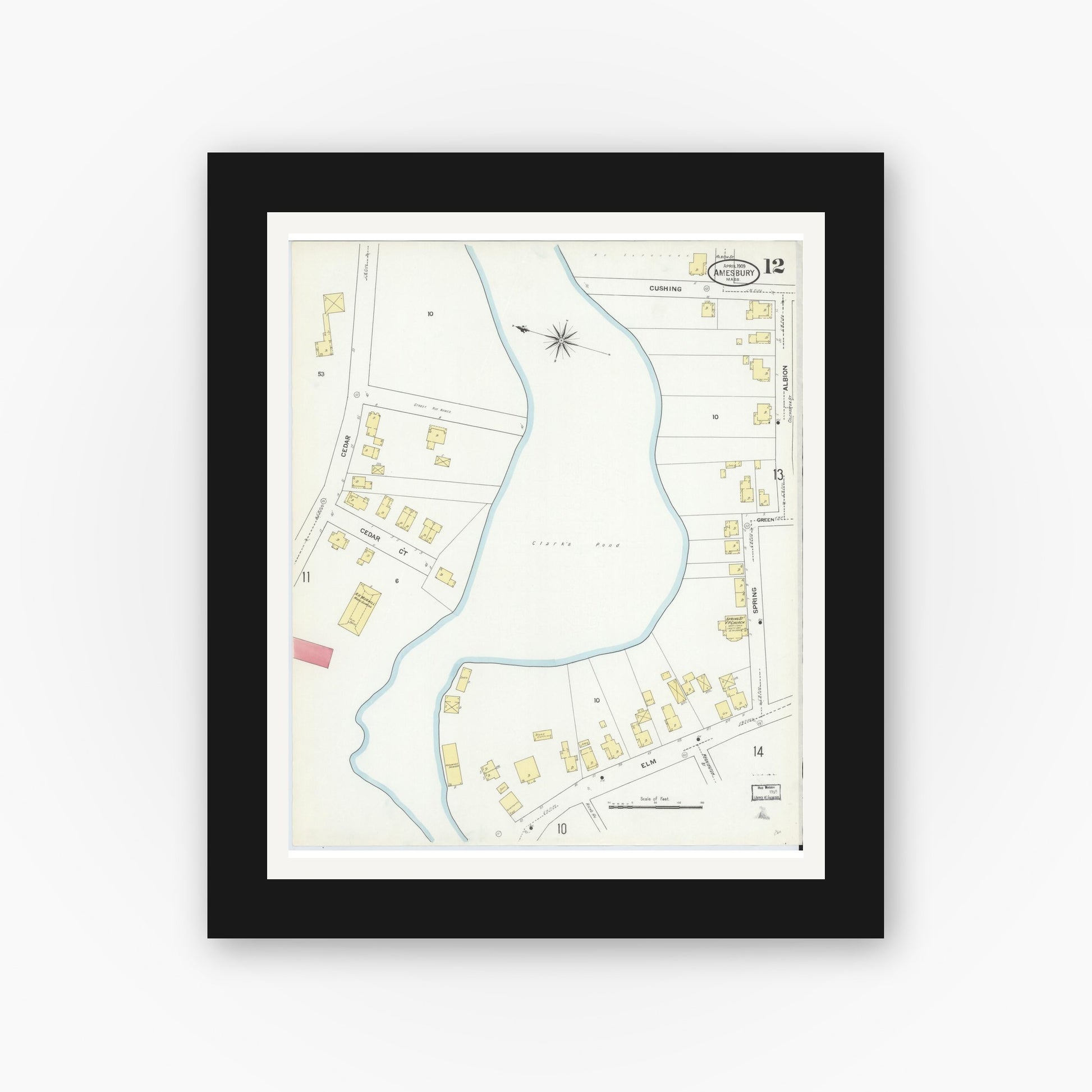 Old map wall art mockup — black gallery frame with white mat — Sanborn Fire Insurance Map from Amesbury, Essex County, Massachusetts (1909), Sheet #0012