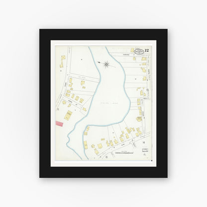 Old map wall art mockup — black gallery frame with white mat — Sanborn Fire Insurance Map from Amesbury, Essex County, Massachusetts (1909), Sheet #0012