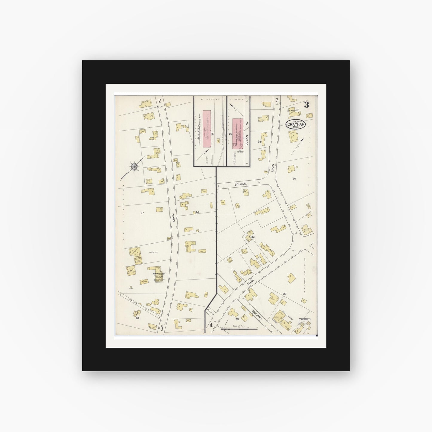 Old map wall art mockup — black gallery frame with white mat — Sanborn Fire Insurance Map from Chatham, Barnstable County, Massachusetts (1915), Sheet #0003