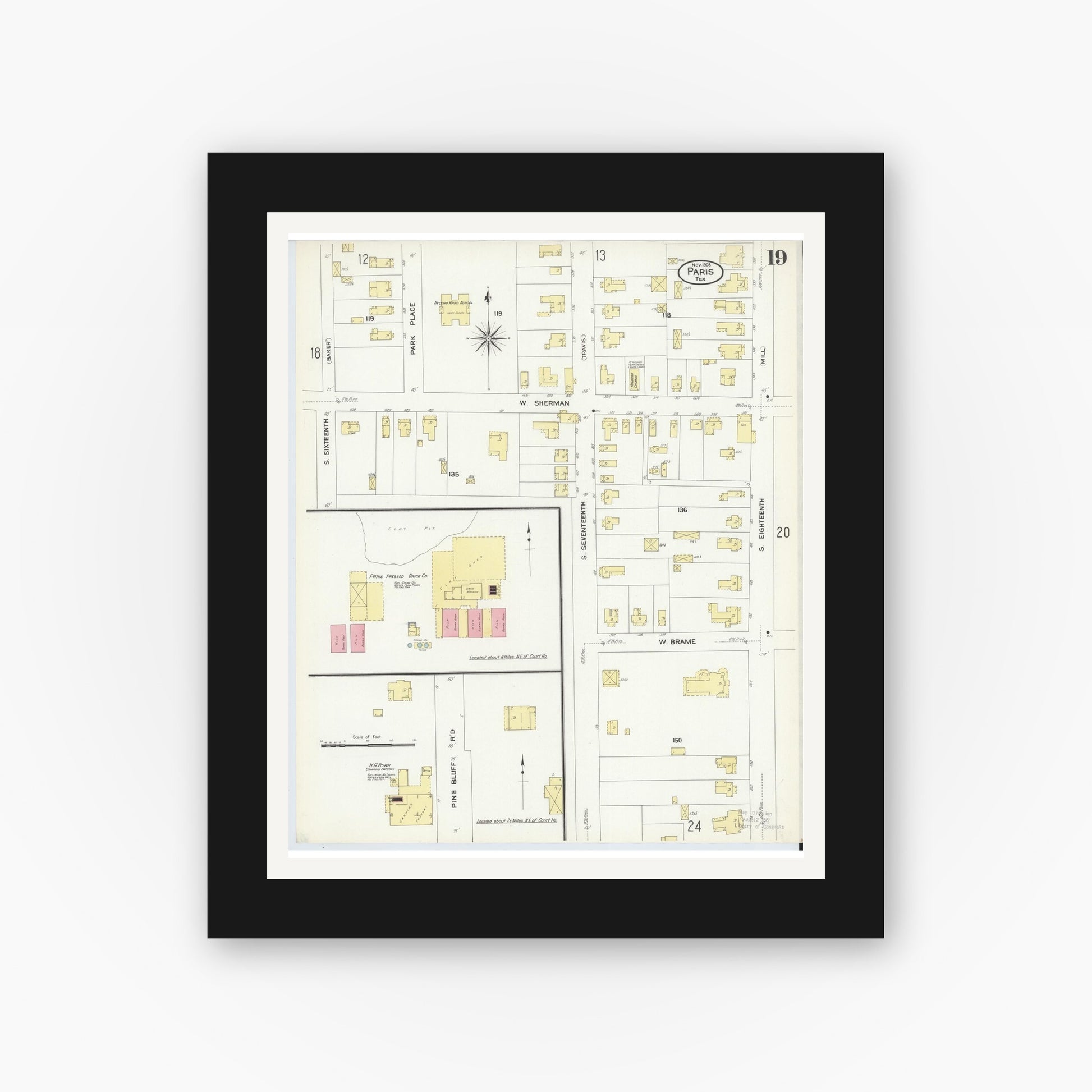 Old map wall art mockup — black gallery frame with white mat — Sanborn Fire Insurance Map from Paris, Lamar County, Texas (1908), Sheet #0019