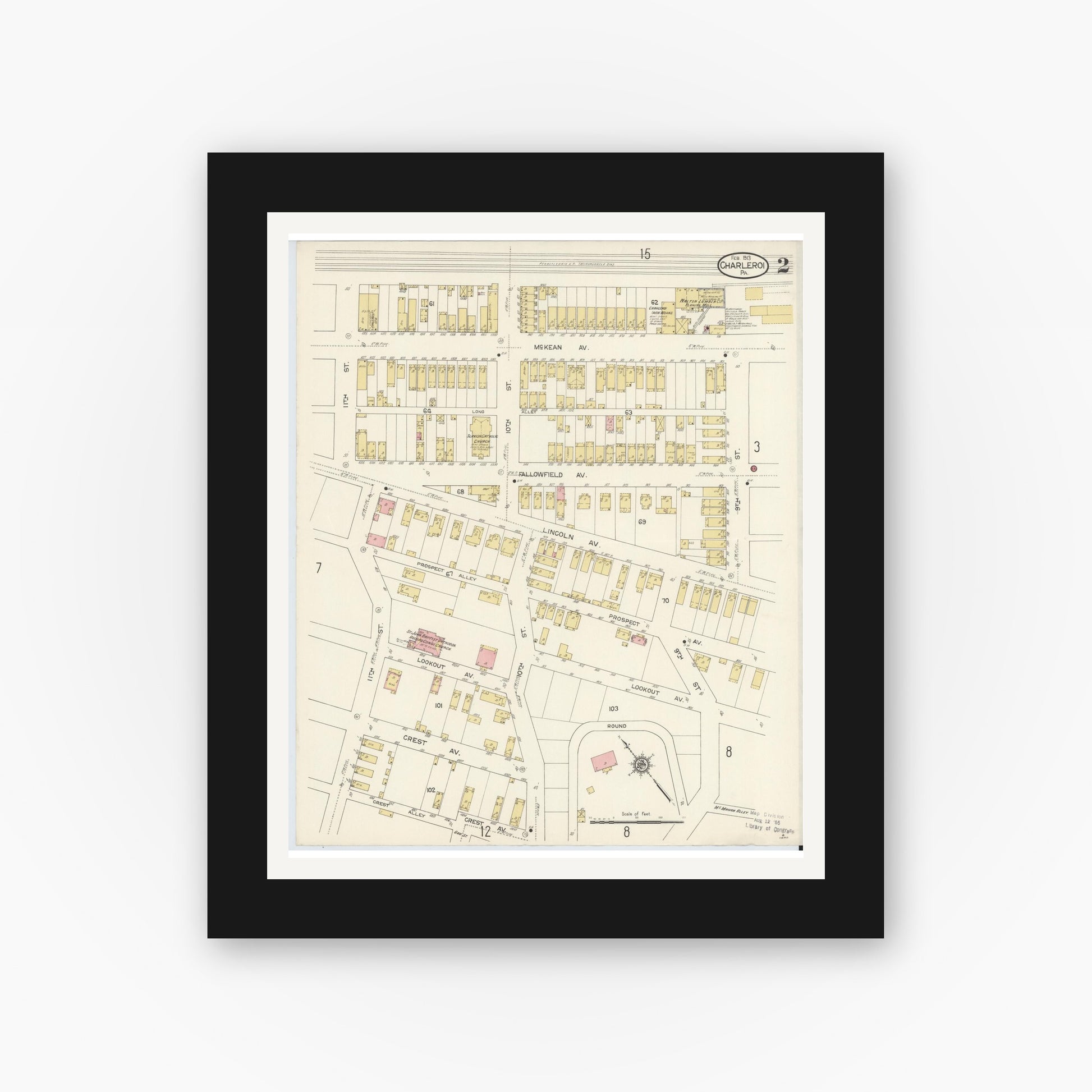 Old map wall art mockup — black gallery frame with white mat — Sanborn Fire Insurance Map from Charleroi, Washington County, Pennsylvania (1913), Sheet #0002