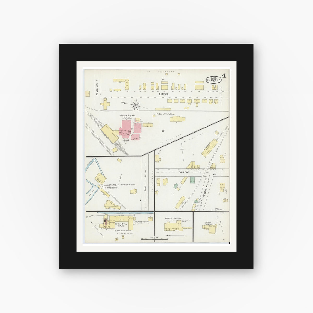 Old map wall art mockup — black gallery frame with white mat — Sanborn Fire Insurance Map from Clinton, Oneida County, New York (1895), Sheet #0004