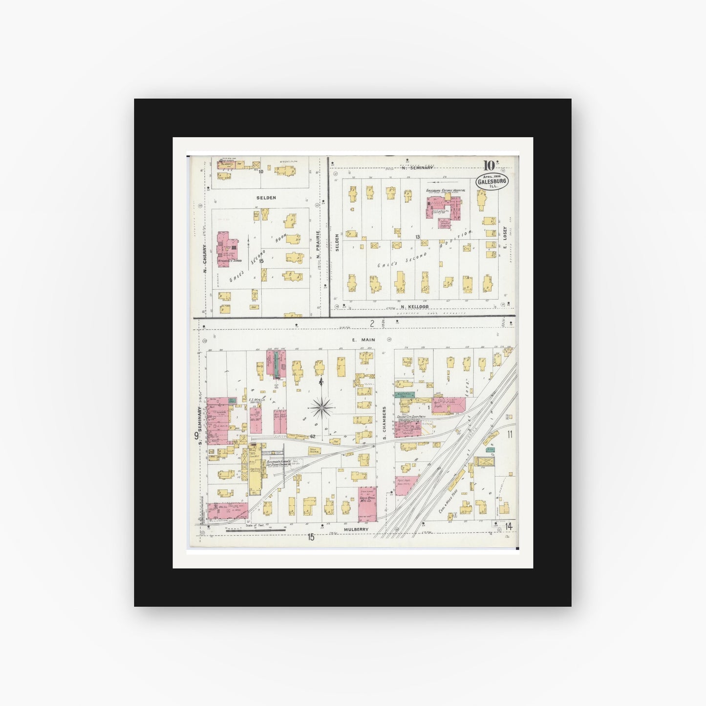 Old map wall art mockup — black gallery frame with white mat — Sanborn Fire Insurance Map from Galesburg, Knox County, Illinois (1906), Sheet #0010