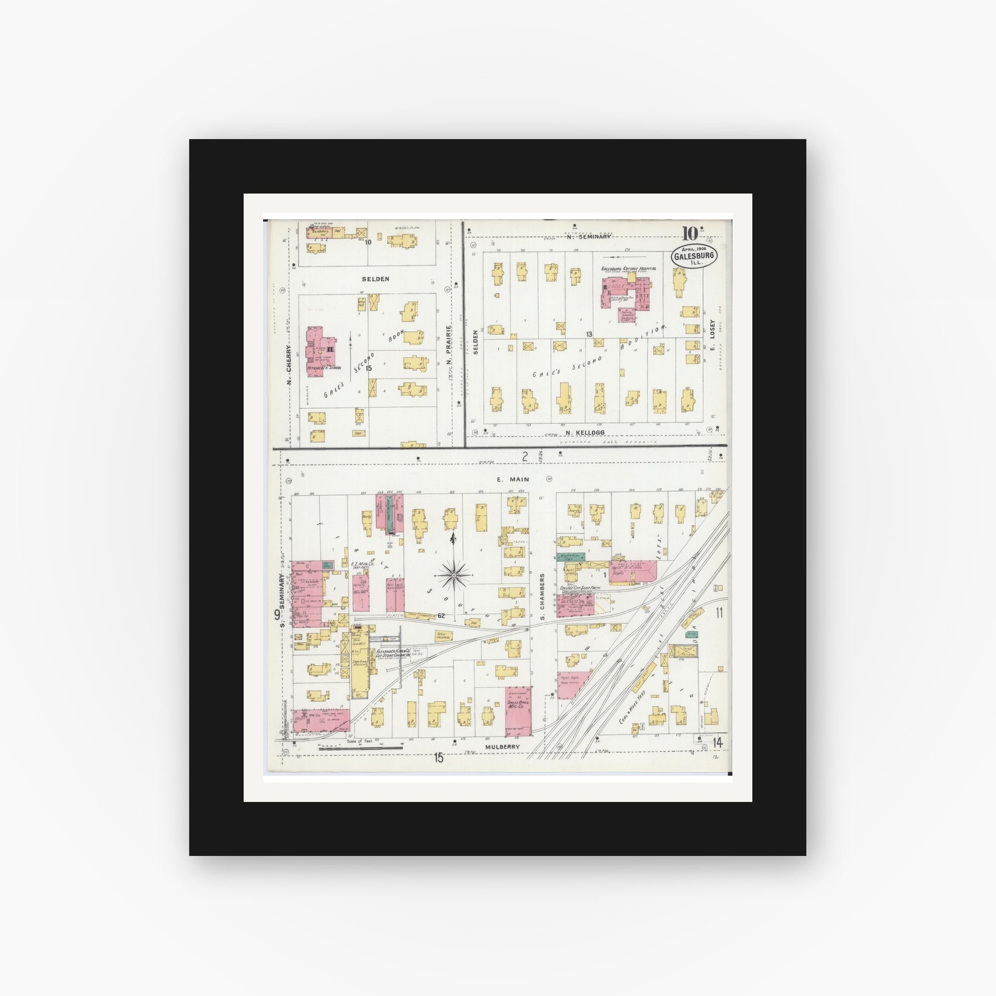 Old map wall art mockup — black gallery frame with white mat — Sanborn Fire Insurance Map from Galesburg, Knox County, Illinois (1906), Sheet #0010