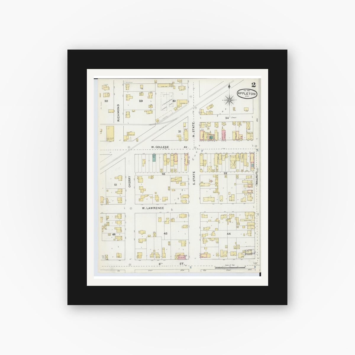 Old map wall art mockup — black gallery frame with white mat — Sanborn Fire Insurance Map from Appleton, Outagamie County, Wisconsin (1891), Sheet #0002
