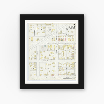 Old map wall art mockup — black gallery frame with white mat — Sanborn Fire Insurance Map from Appleton, Outagamie County, Wisconsin (1891), Sheet #0002