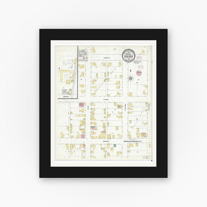Old map wall art mockup — black gallery frame with white mat — Sanborn Fire Insurance Map from New Paris, Elkhart County, Indiana (1909), Sheet #0001