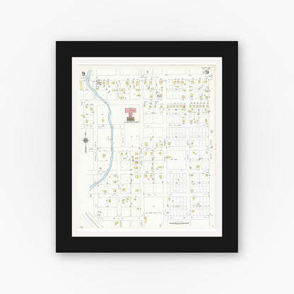Old map wall art mockup — black gallery frame with white mat — Sanborn Fire Insurance Map from Snyder, Scurry County, Texas (1936), Sheet #0009