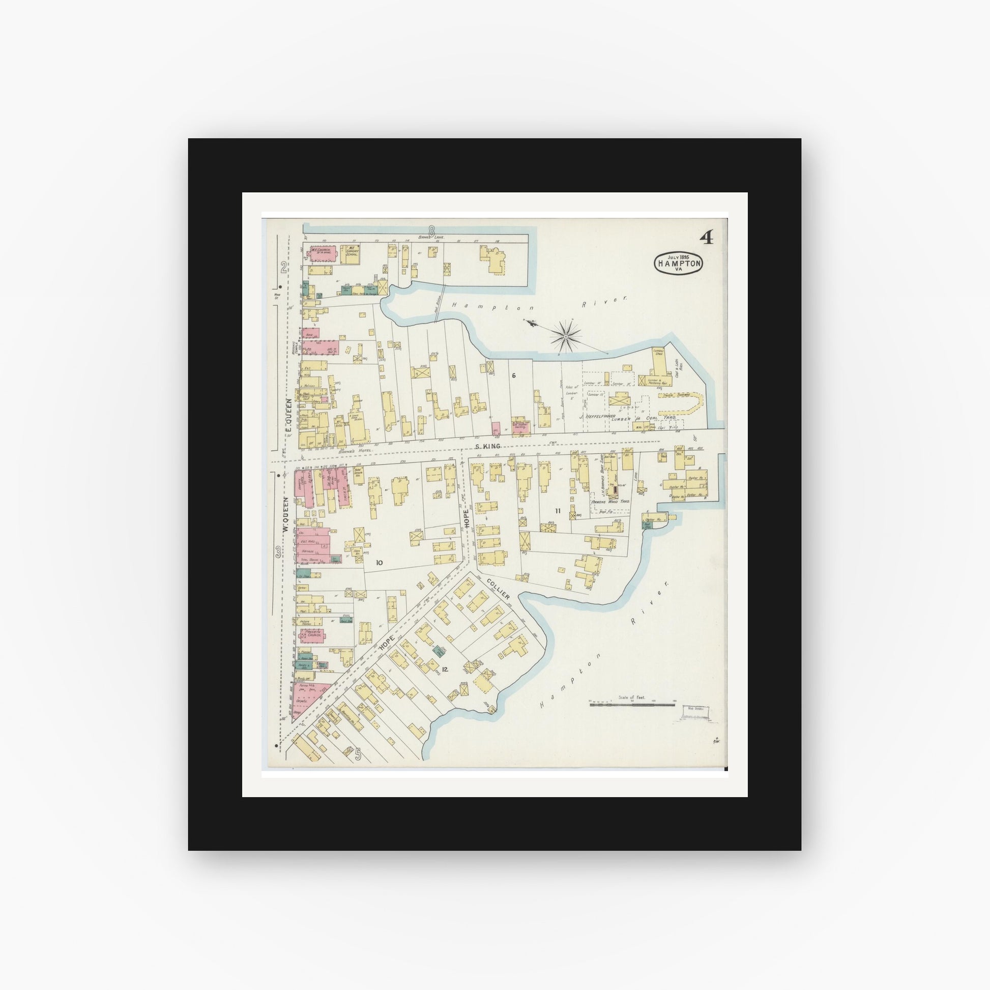 Old map wall art mockup — black gallery frame with white mat — Sanborn Fire Insurance Map from Hampton, Independent Cities, Virginia (1895), Sheet #0004