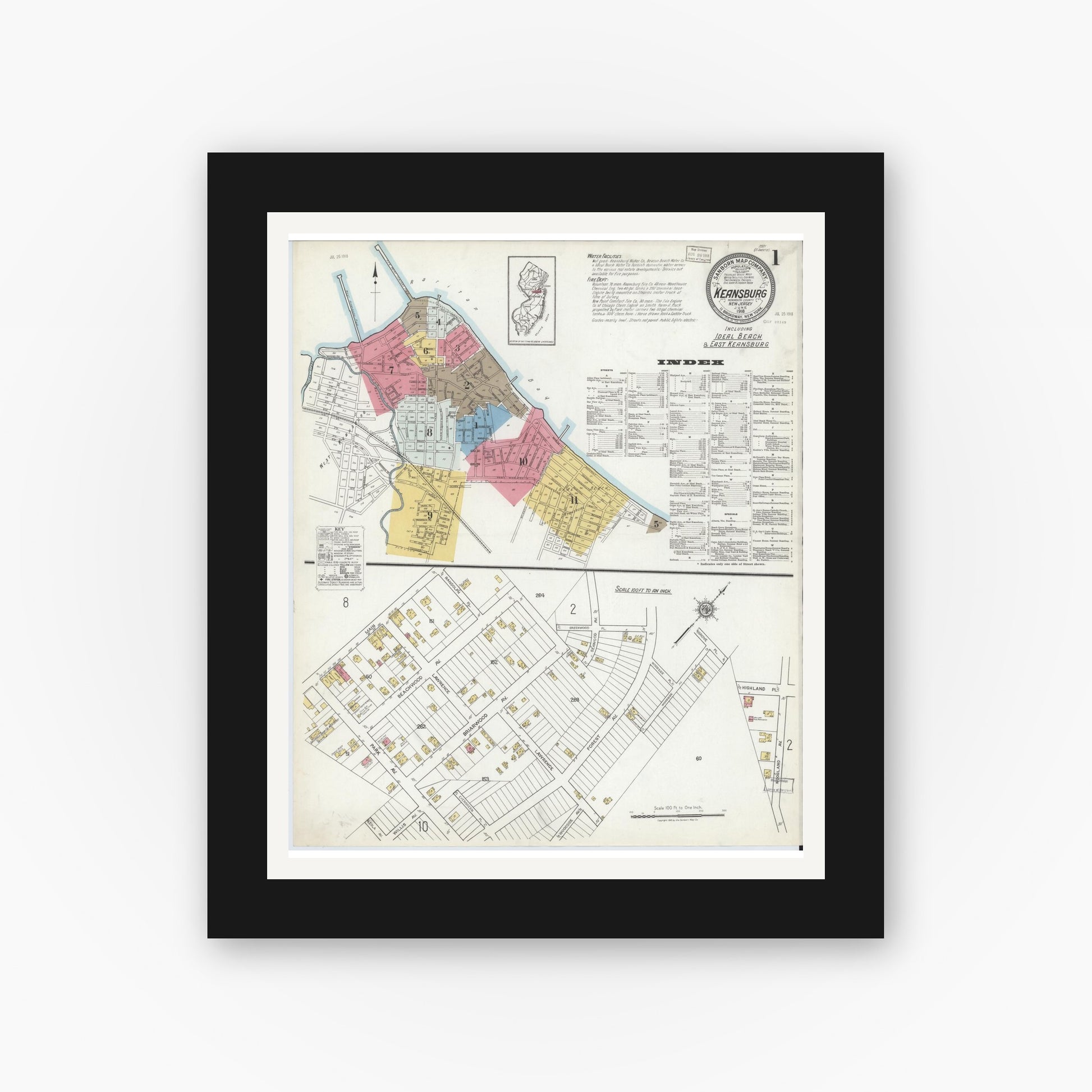 Old map wall art mockup — black gallery frame with white mat — Sanborn Fire Insurance Map from Keansburg, Monmouth County, New Jersey (1918), Sheet #0001