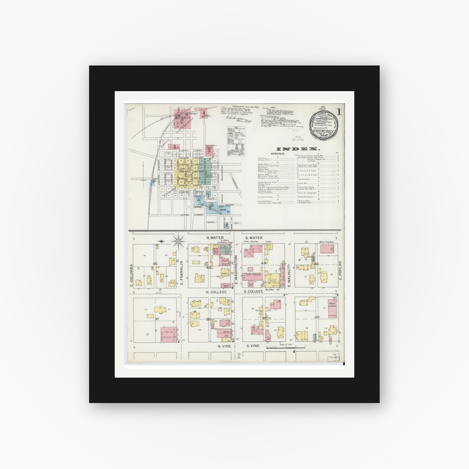 Old map wall art mockup — black gallery frame with white mat — Sanborn Fire Insurance Map from Greencastle, Putnam County, Indiana (1892), Sheet #0001