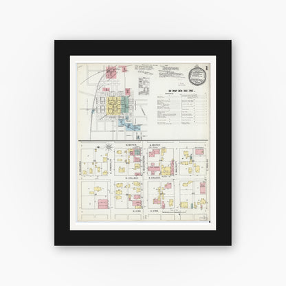 Old map wall art mockup — black gallery frame with white mat — Sanborn Fire Insurance Map from Greencastle, Putnam County, Indiana (1892), Sheet #0001