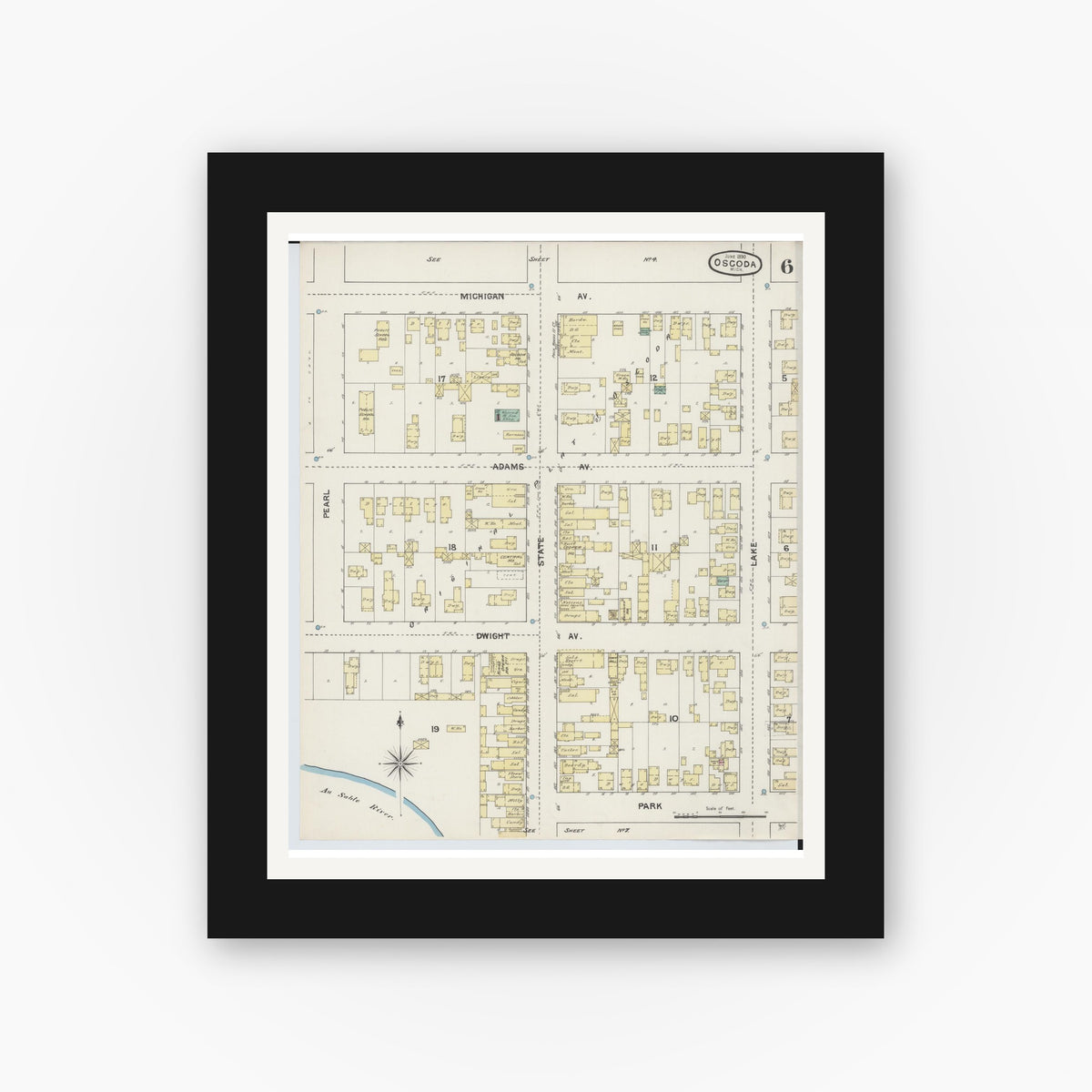 Old map wall art mockup — black gallery frame with white mat — Sanborn Fire Insurance Map from Oscoda, Iosco County, Michigan (1890), Sheet #0006