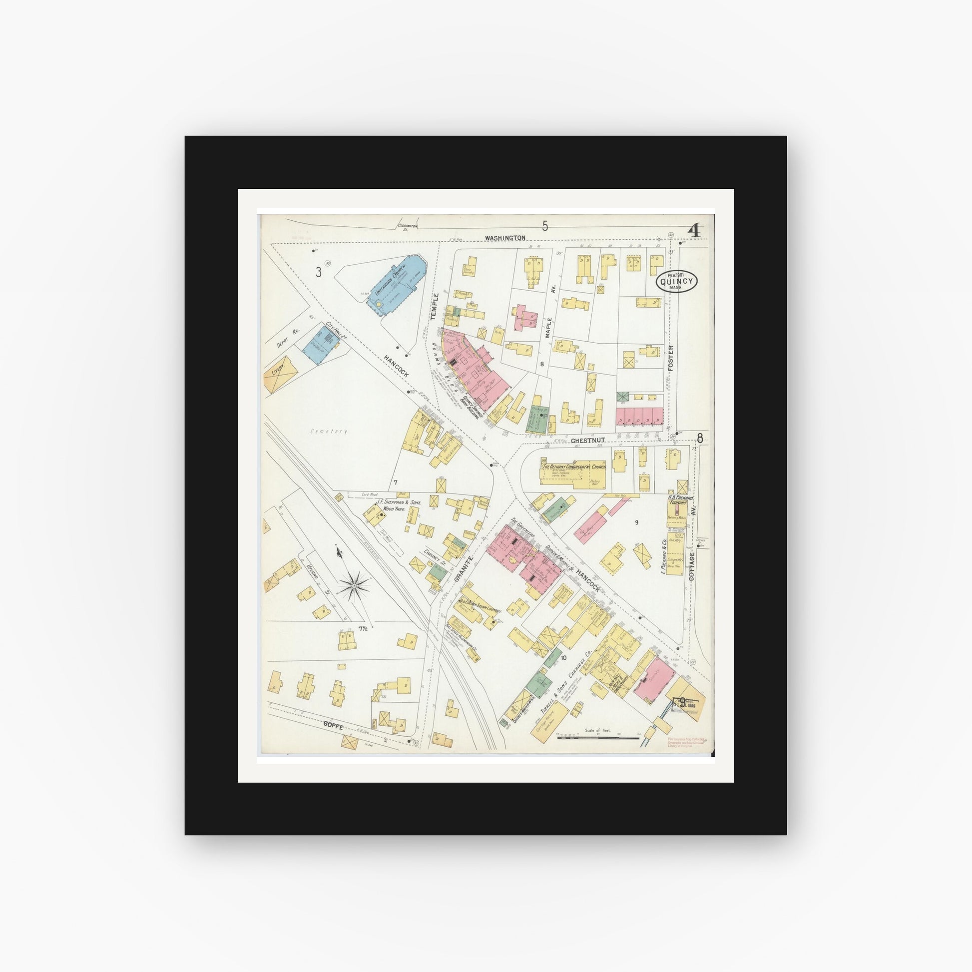 Old map wall art mockup — black gallery frame with white mat — Sanborn Fire Insurance Map from Quincy, Norfolk County, Massachusetts (1901), Sheet #0004
