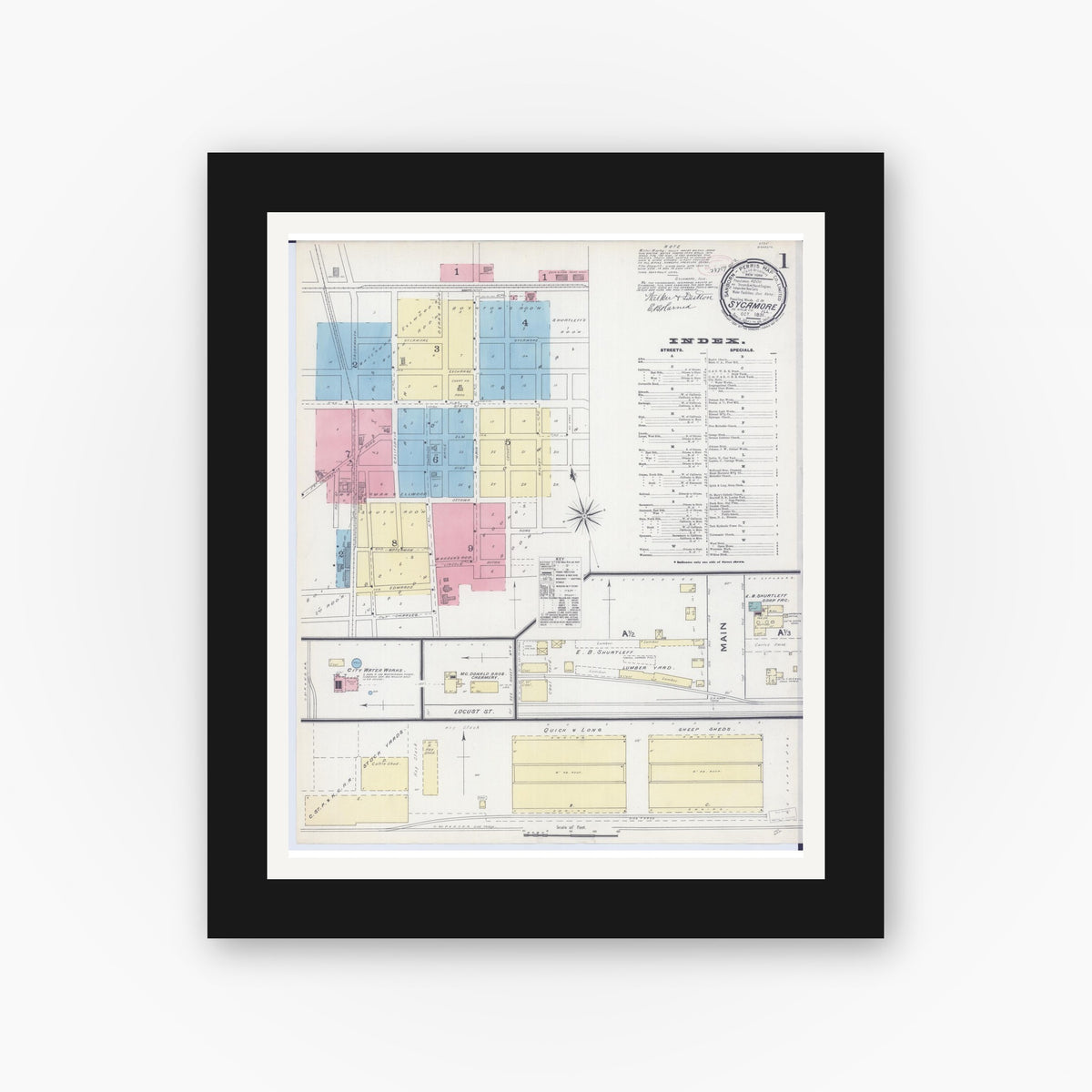 Old map wall art mockup — black gallery frame with white mat — Sanborn Fire Insurance Map from Sycamore, De Kalb County, Illinois (1891) - Complete Map Set