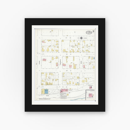 Old map wall art mockup — black gallery frame with white mat — Sanborn Fire Insurance Map from Glasgow, Howard County, Missouri (1910), Sheet #0003