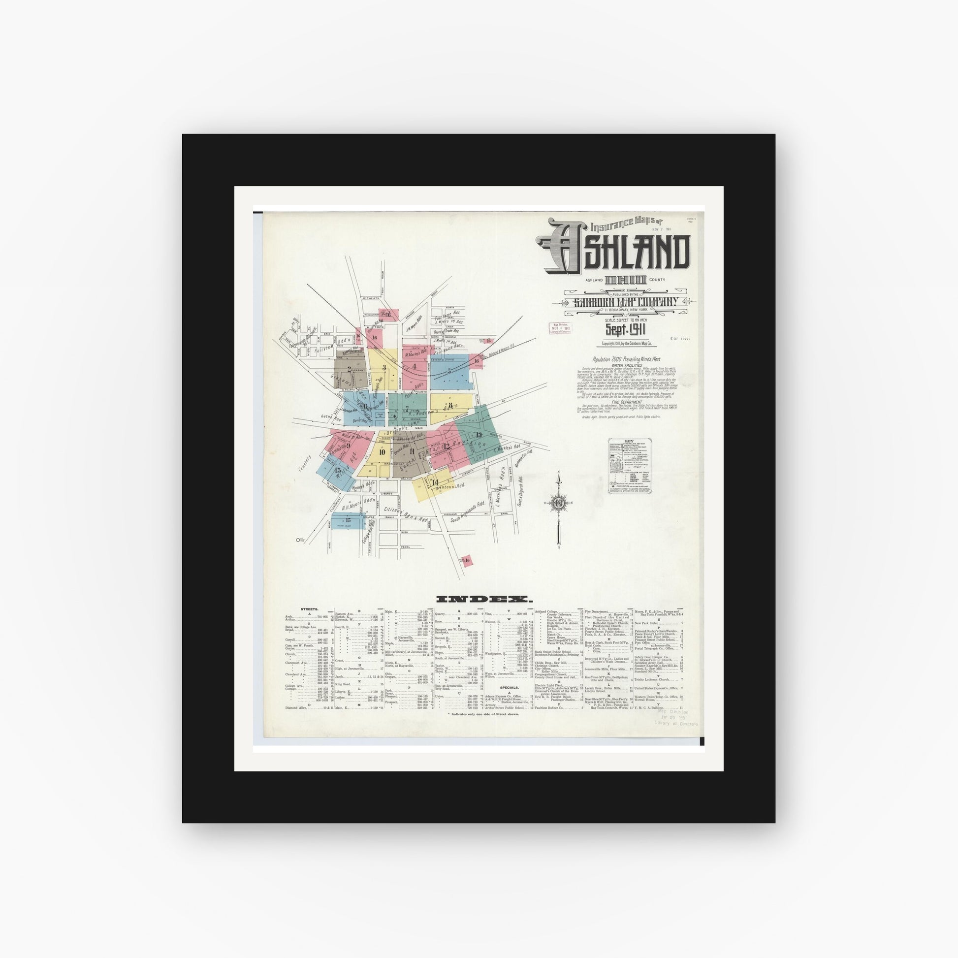 Old map wall art mockup — black gallery frame with white mat — Sanborn Fire Insurance Map from Ashland, Ashland County, Ohio (1911) - Complete Map Set