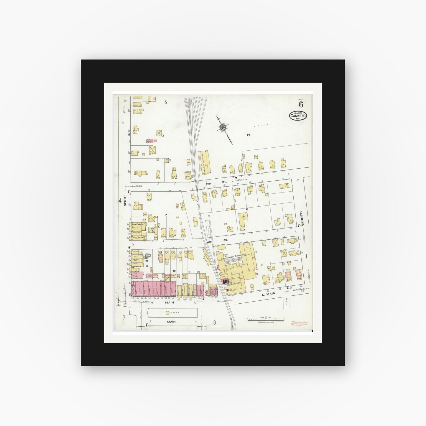 Old map wall art mockup — black gallery frame with white mat — Sanborn Fire Insurance Map from Canisteo, Steuben County, New York (1920), Sheet #0006