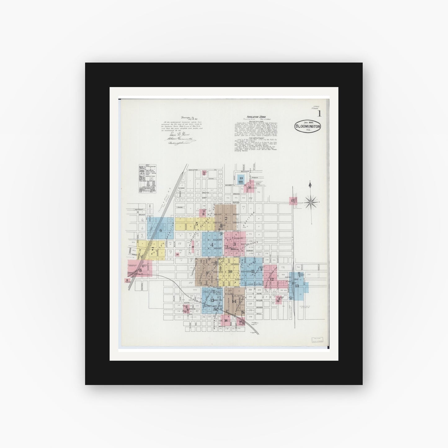 Old map wall art mockup — black gallery frame with white mat — Sanborn Fire Insurance Map from Bloomington, McLean County, Illinois (1892) - Complete Map Set