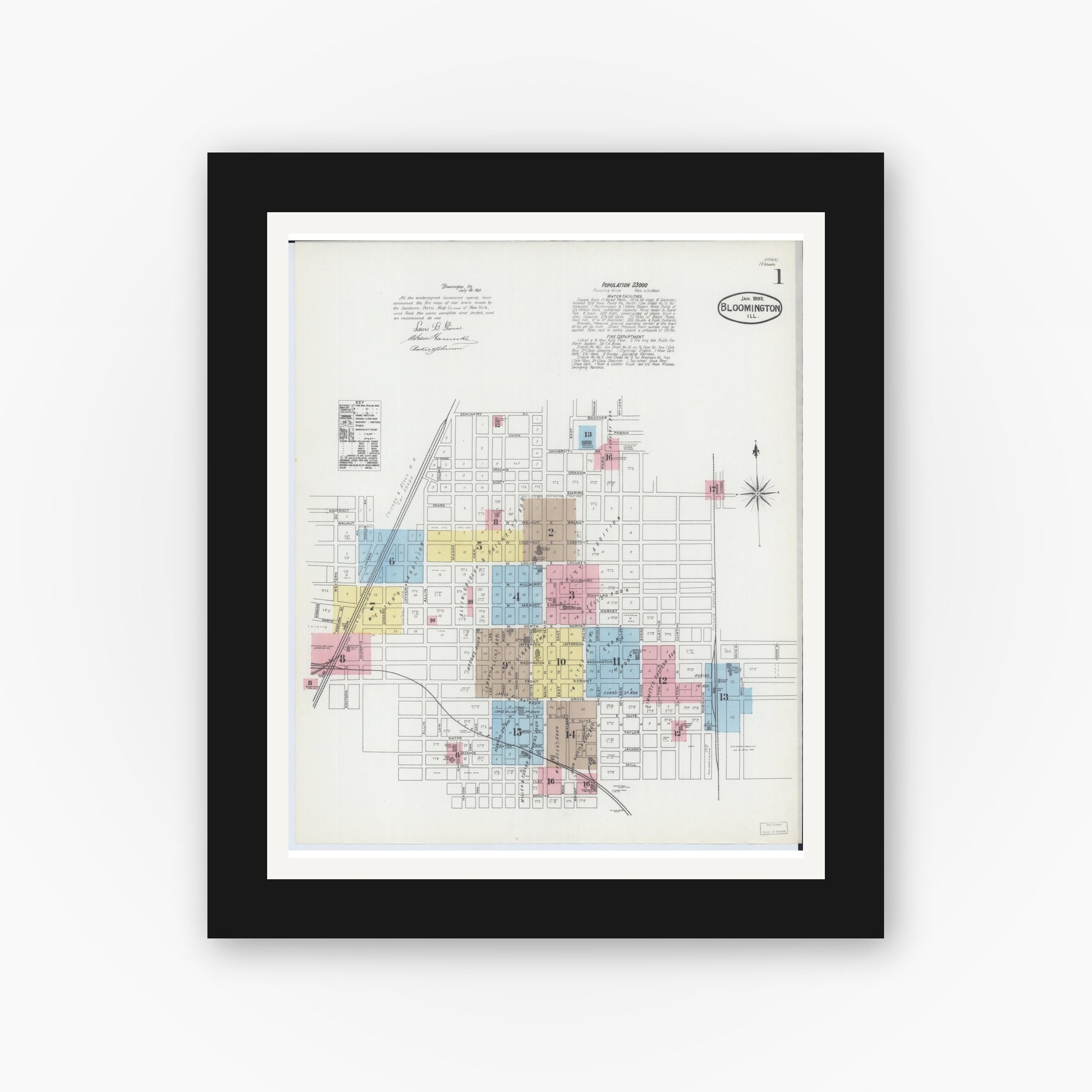 Old map wall art mockup — black gallery frame with white mat — Sanborn Fire Insurance Map from Bloomington, McLean County, Illinois (1892) - Complete Map Set