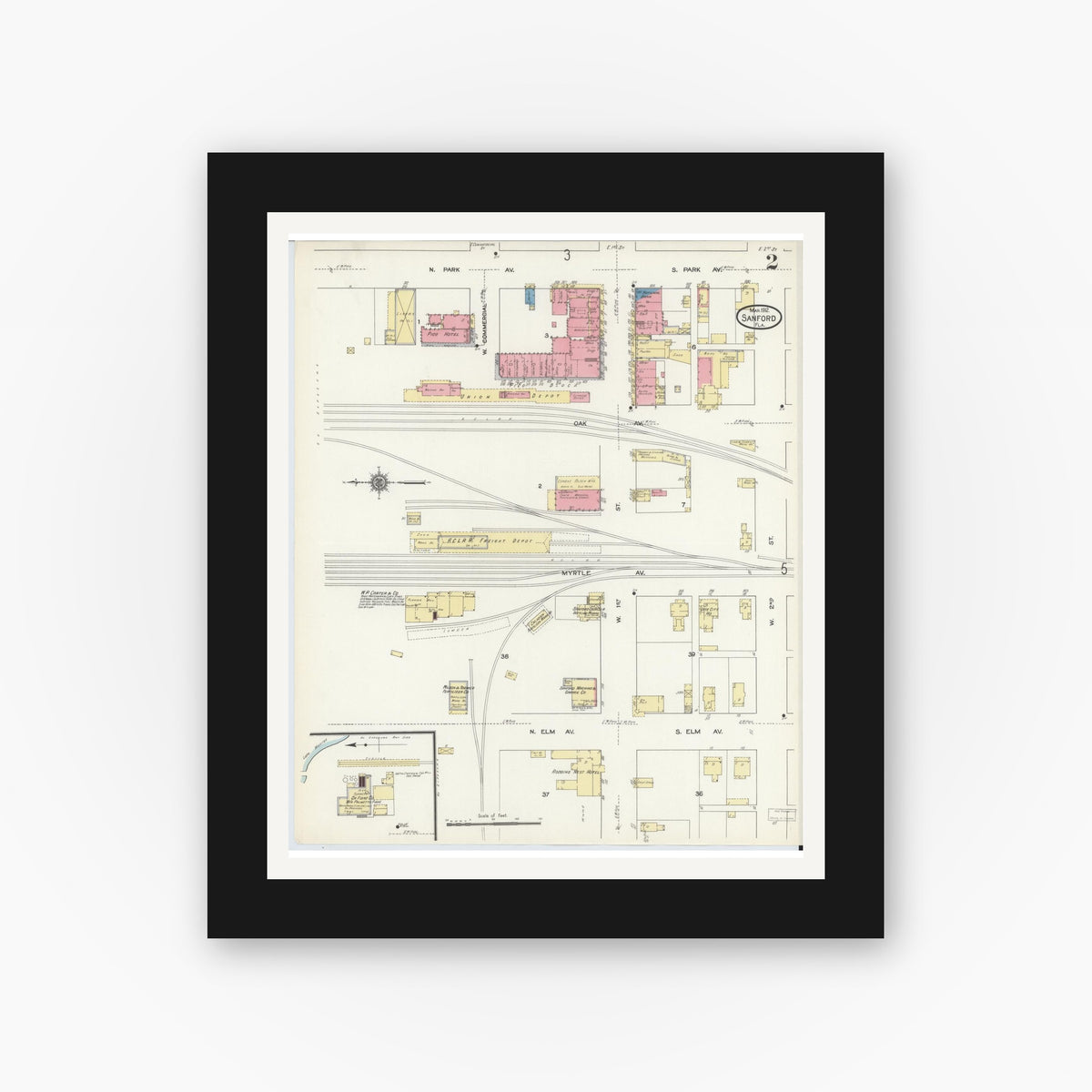 Old map wall art mockup — black gallery frame with white mat — Sanborn Fire Insurance Map from Sanford, Seminole County, Florida (1912), Sheet #0002