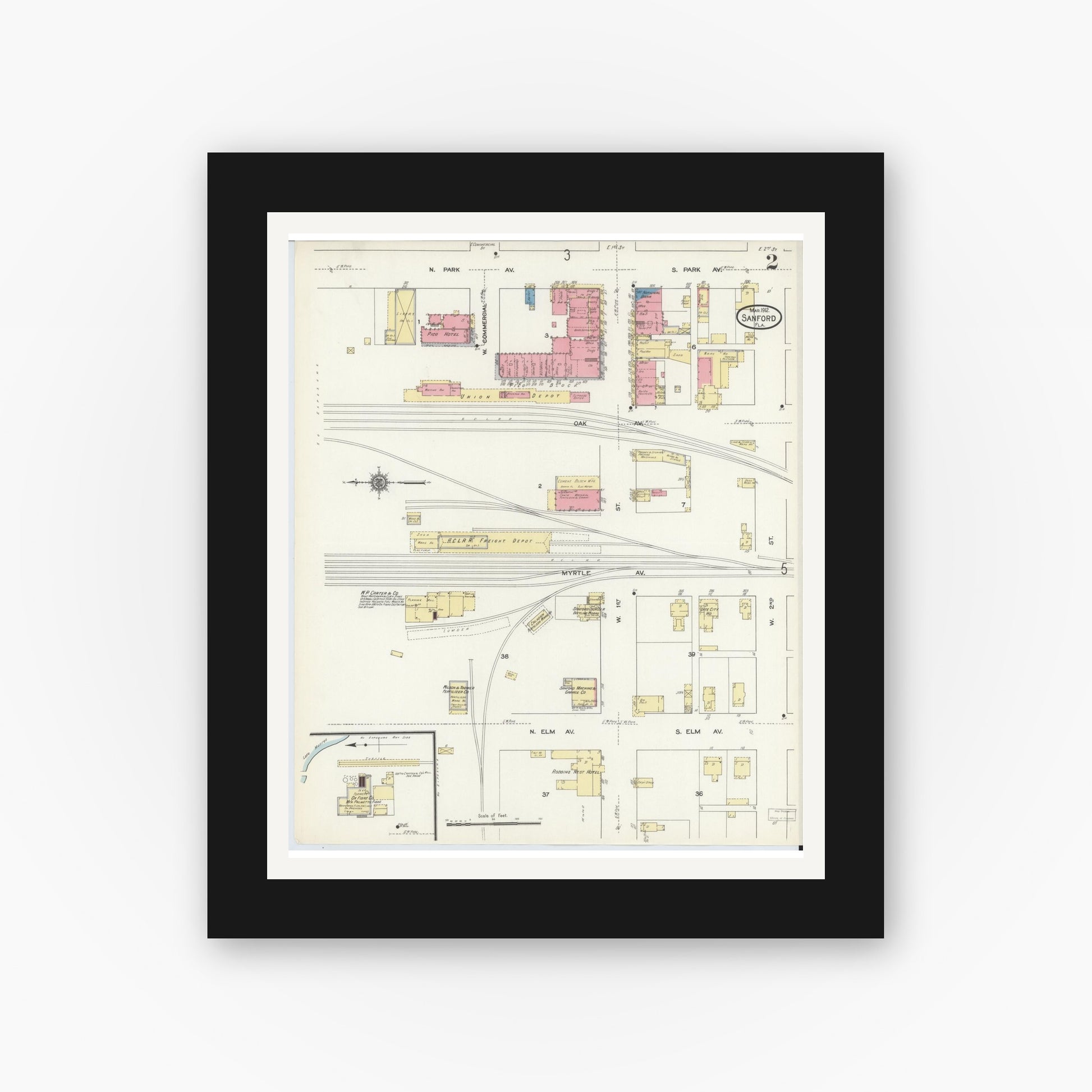 Old map wall art mockup — black gallery frame with white mat — Sanborn Fire Insurance Map from Sanford, Seminole County, Florida (1912), Sheet #0002