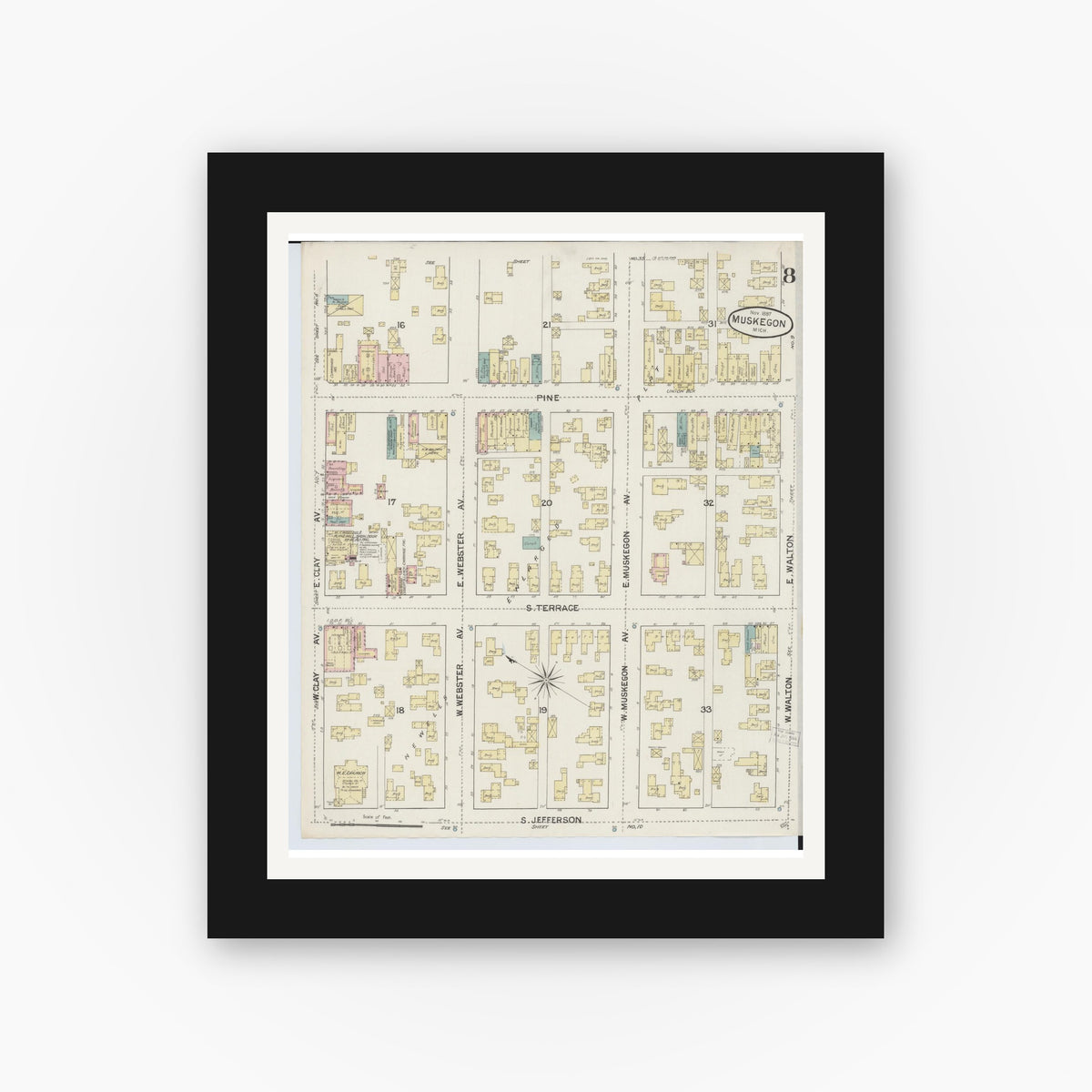 Old map wall art mockup — black gallery frame with white mat — Sanborn Fire Insurance Map from Muskegon, Muskegon County, Michigan (1887), Sheet #0008