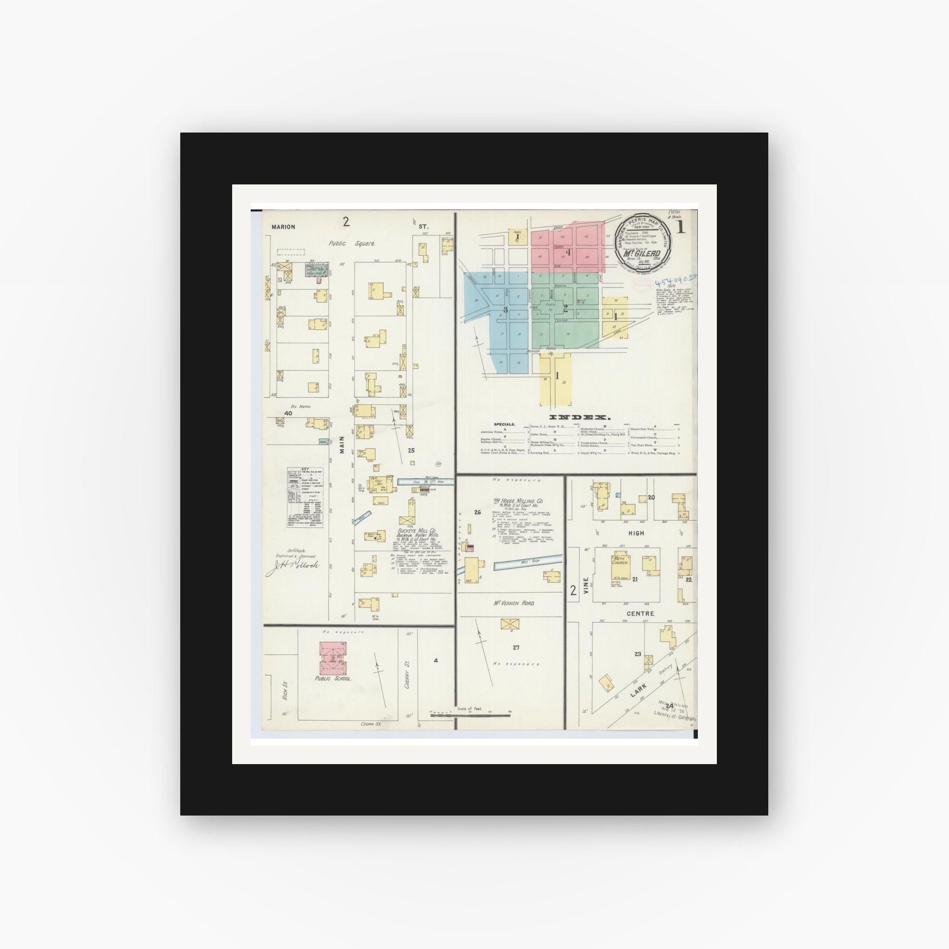 Old map wall art mockup — black gallery frame with white mat — Sanborn Fire Insurance Map from Mount Gilead, Morrow County, Ohio (1897) - Complete Map Set