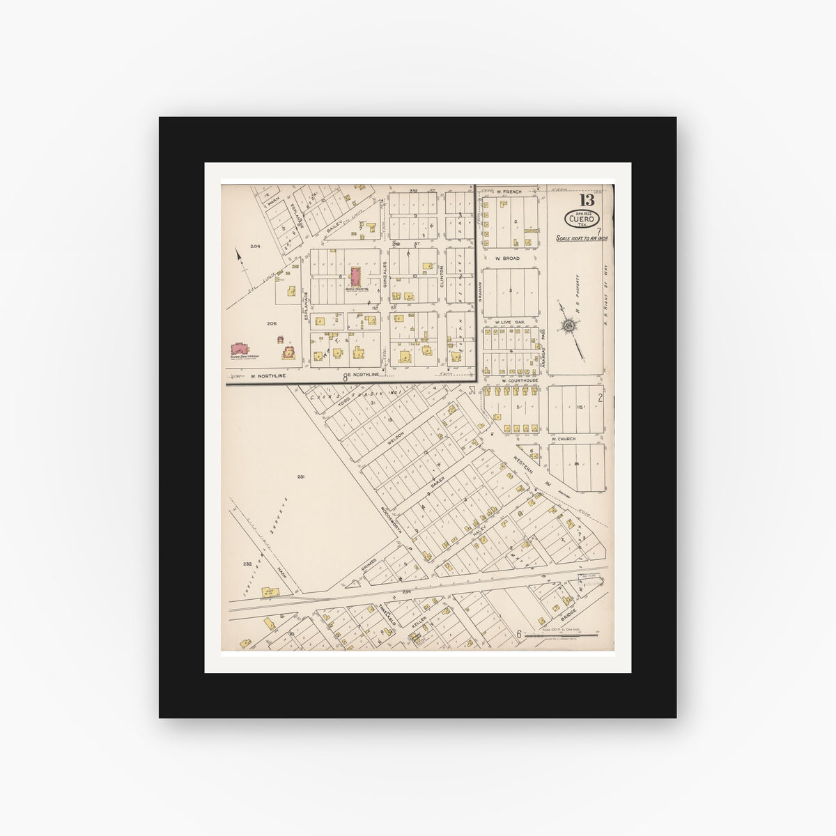Old map wall art mockup — black gallery frame with white mat — Sanborn Fire Insurance Map from Cuero, De Witt County, Texas (1922), Sheet #0013